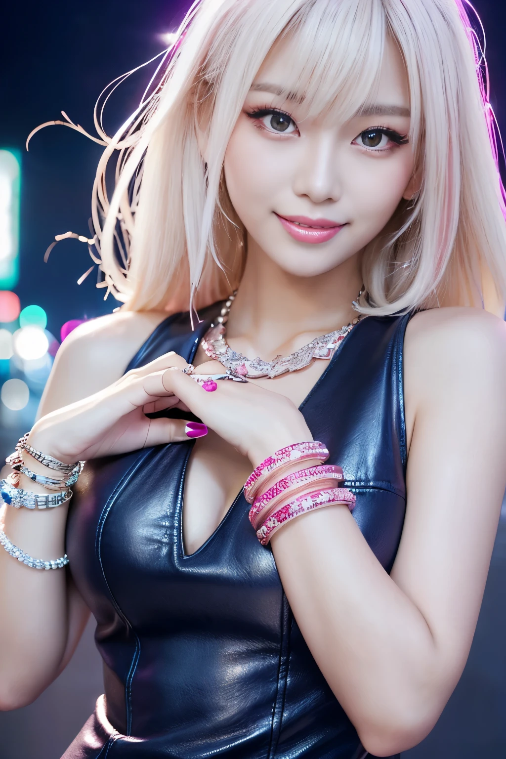 sexy korean model, beautiful smile, lipgloss, long lashes, defined eyebrows, closeup photo, (sparkling large necklace), (sparkling large bracelets), night scene, large sparkling neon street background, gyaru, (((stylish medium platinum blonde hair with dark pink highlights))), ((business style dark grey and dark indigo leather dress)), sweet and sexy, seductive look