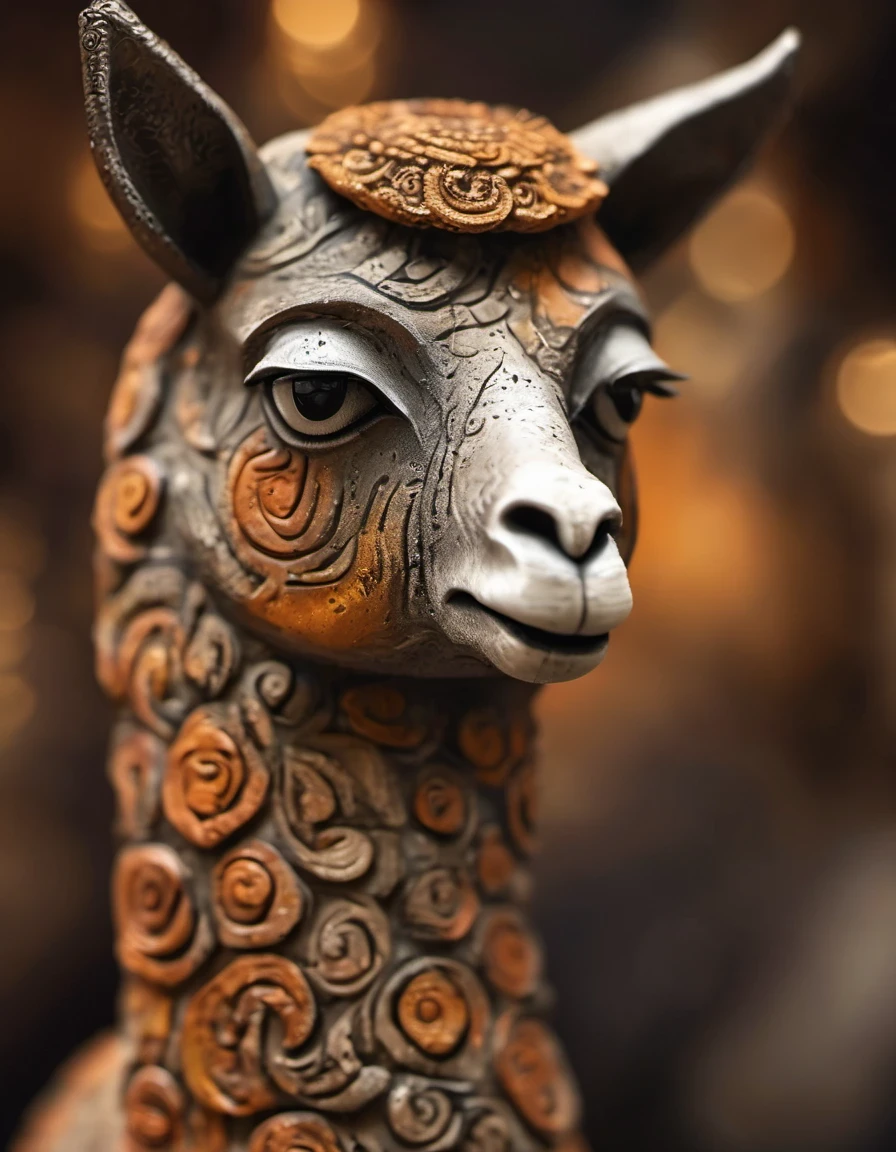 (masterpiece, best quality:1.2),  Paint an adorable alpaca sculpture in earthy tones，,With subtle patterns and textures，Invoking Ancient Wisdom. Focus on the face，With depth of field and bokeh effects. This is a high resolution image，Complex details，The background is dark，Soft lighting, style of. 
