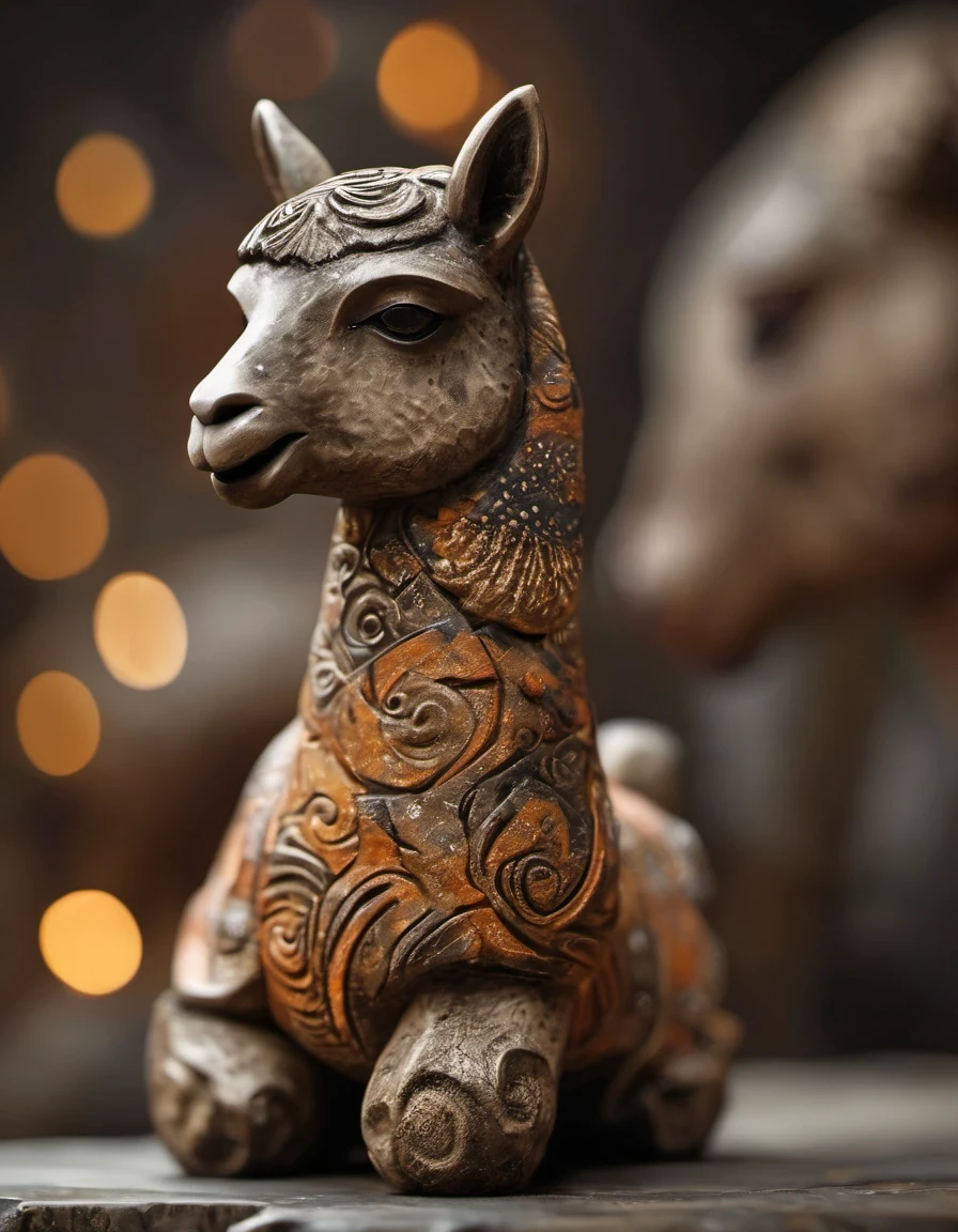 (masterpiece, best quality:1.2),  Paint an adorable alpaca sculpture in earthy tones，,With subtle patterns and textures，Invoking Ancient Wisdom. Focus on the face，With depth of field and bokeh effects. This is a high resolution image，Complex details，The background is dark，Soft lighting, style of. 
