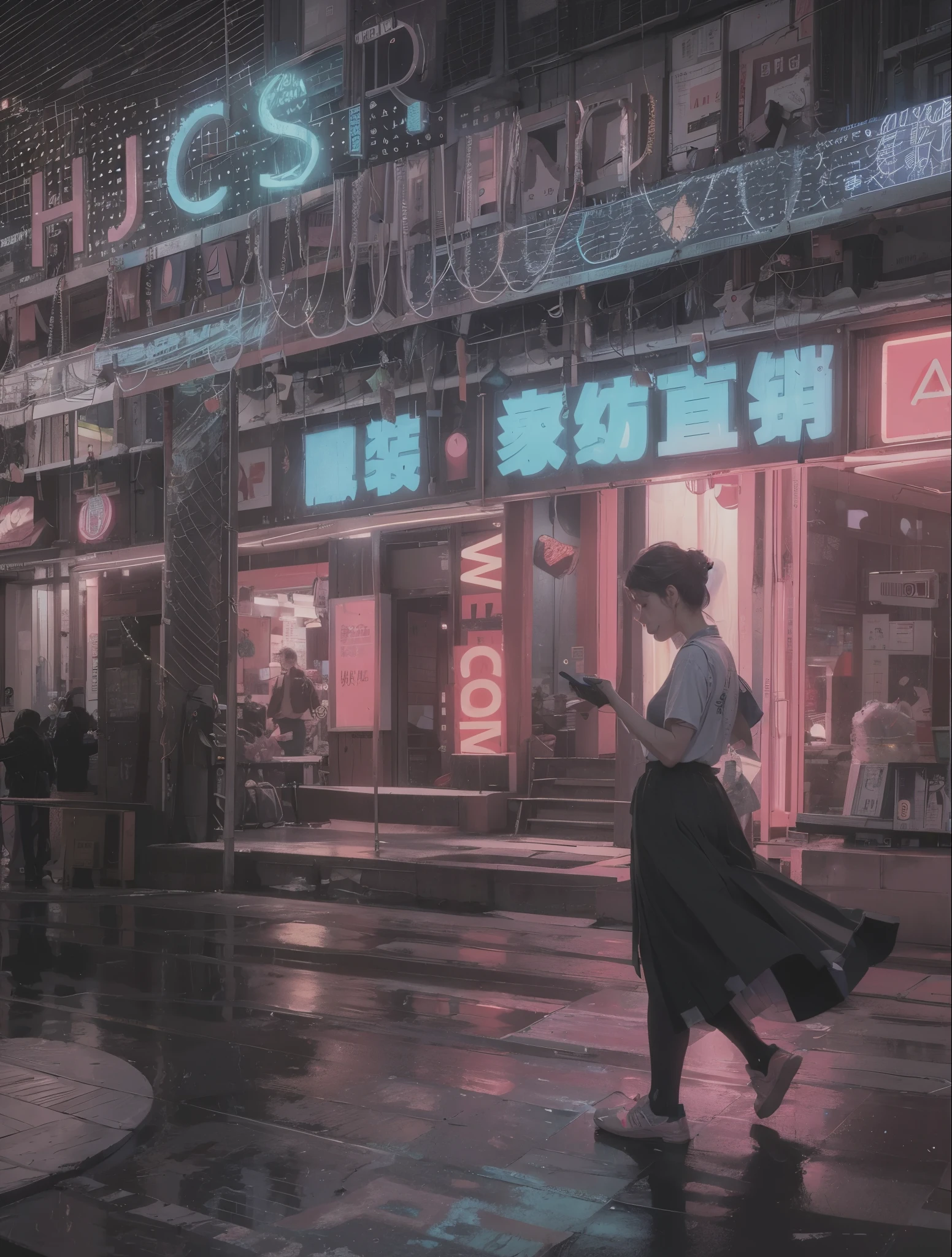 Woman in skirt walking on the street with mobile phone, The goddess is looking at her phone, There are neon lights, night, evening, Neon lights in the background, On the city streets at night, 夏日的evening, evening, Street Photography, Covered with Chinese, neon shops, Exit store, Busy Night, Chinese, Neon lights above the store