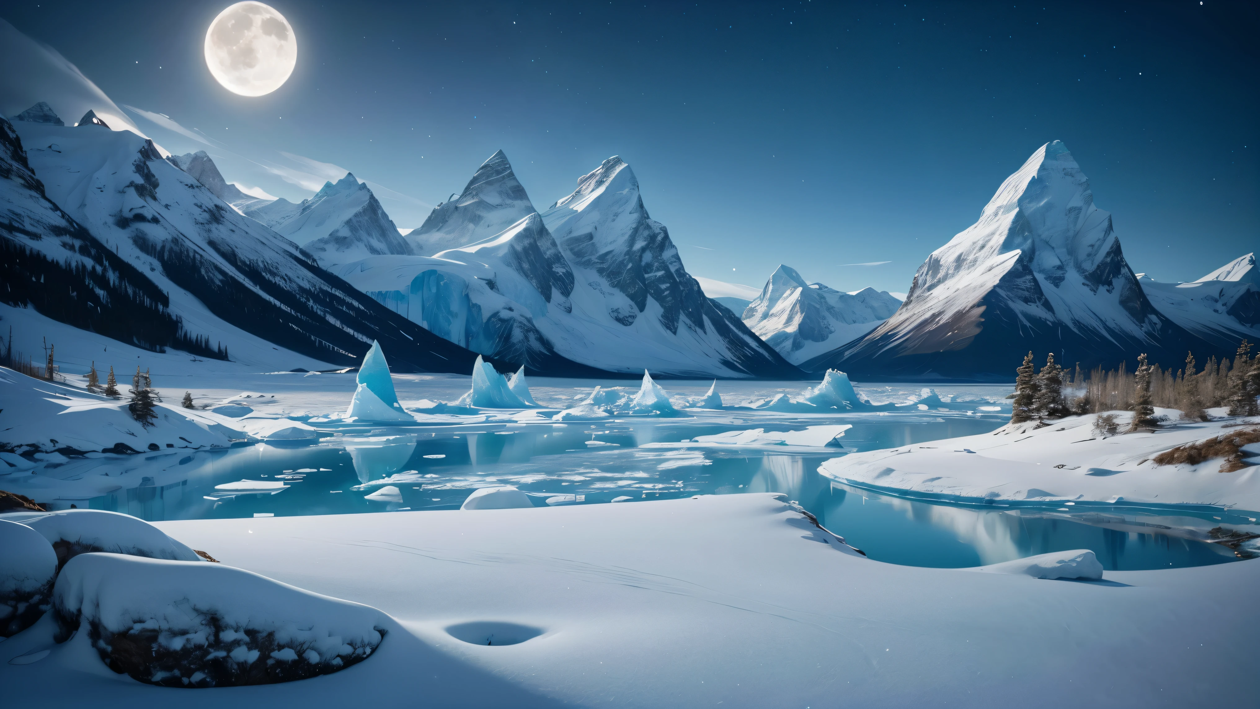 An exquisite Arctic landscape painted in various shades of ethereal blue, Showcasing the pristine beauty of icy glaciers, sparkling snow peaks, And the endless frozen forest. A landscape full of feminine curves. The shape of the mound is reminiscent of a large breast. Ultramodern scientific base casts light into the sky. The crystal ice reflects the soft moonlight，Enhances the tranquil atmosphere, Creating a mesmerizing picture of pure tranquility and awe-inspiring natural wonders. Northern Lights. national geographic style. masterpiece. Ultra HD.