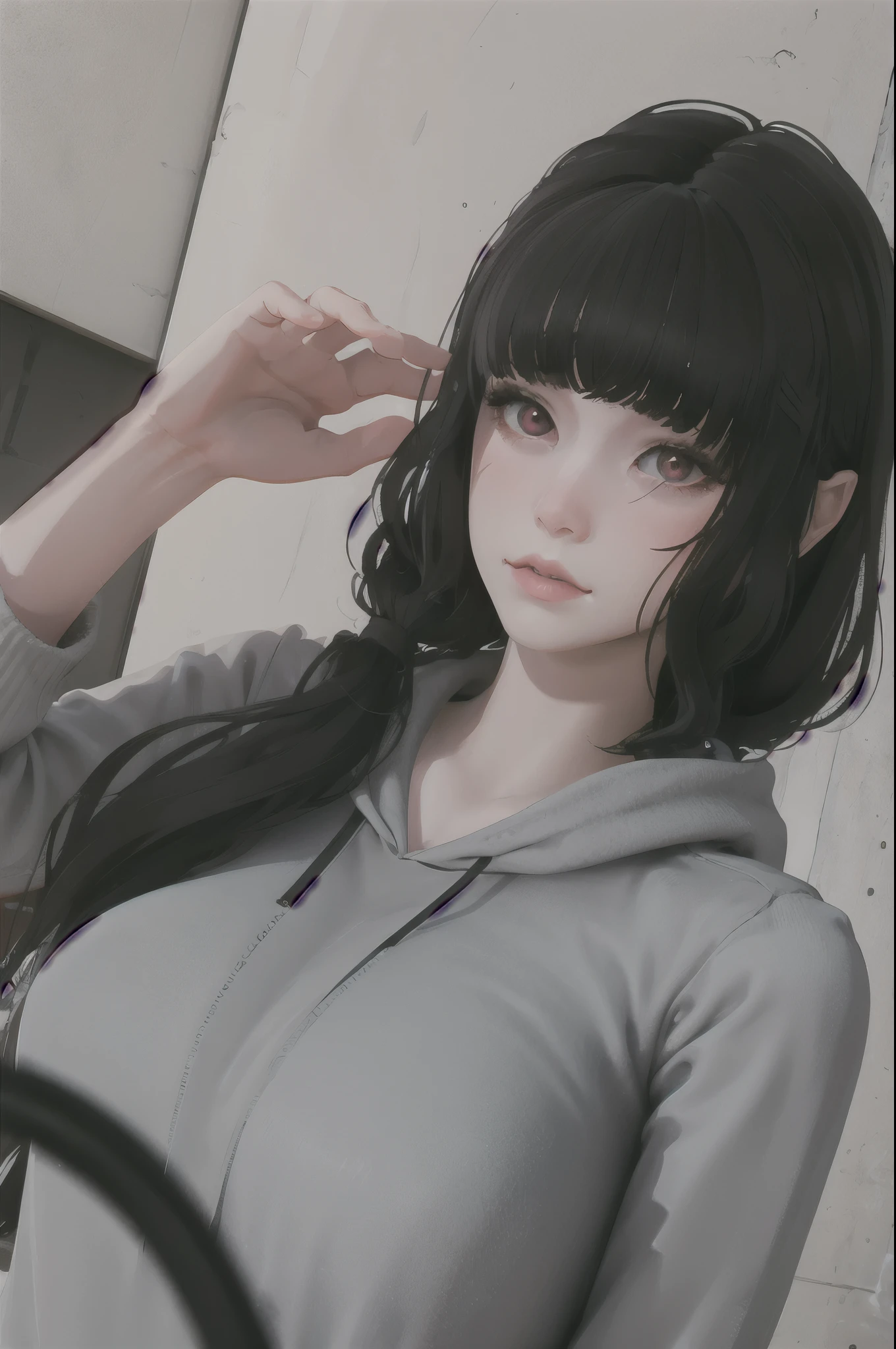 masterpiece, highly detailed, best quality, 1girl, solo, Luna, tucked black hair, red eyes, blunt bangs, hoodie 