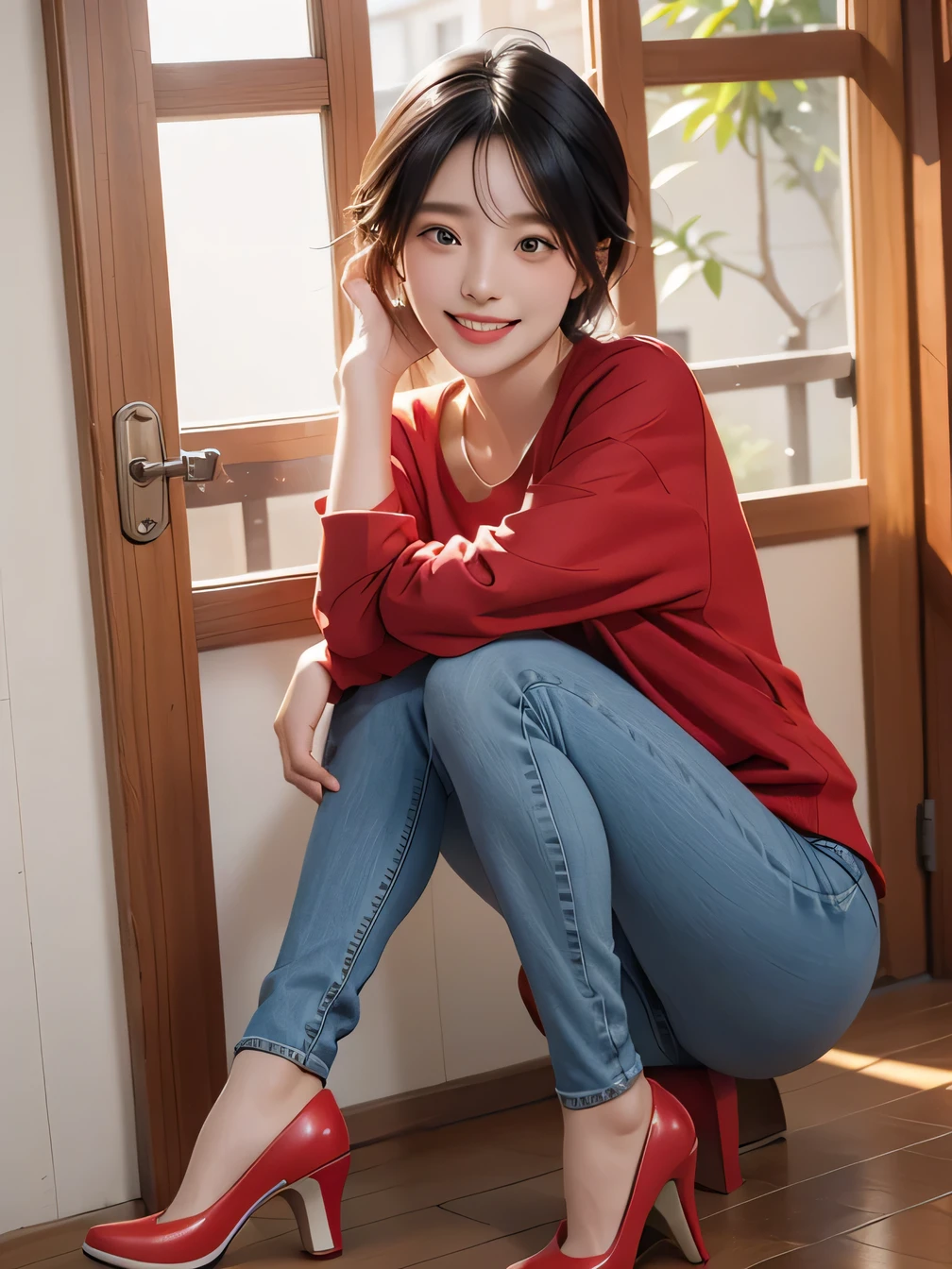 do:1.3), (8k, Realistic, RAW Photos, highest quality:1.4), (Realistic face), (Black Hair、Short Haircut、Beautiful Hairstyles、Ear piercing、, smile、Beautiful teeth alignment、Beautiful small blue eyes, (realistic skin texture), (Beautiful Skin),charm, Ultra-high resolution, Ultra-realistic skin, (Natural light)、Golden Ratio, ((smile)), ((full body shot)), (((Red trainer)))、((Skinny jeans、pumps))