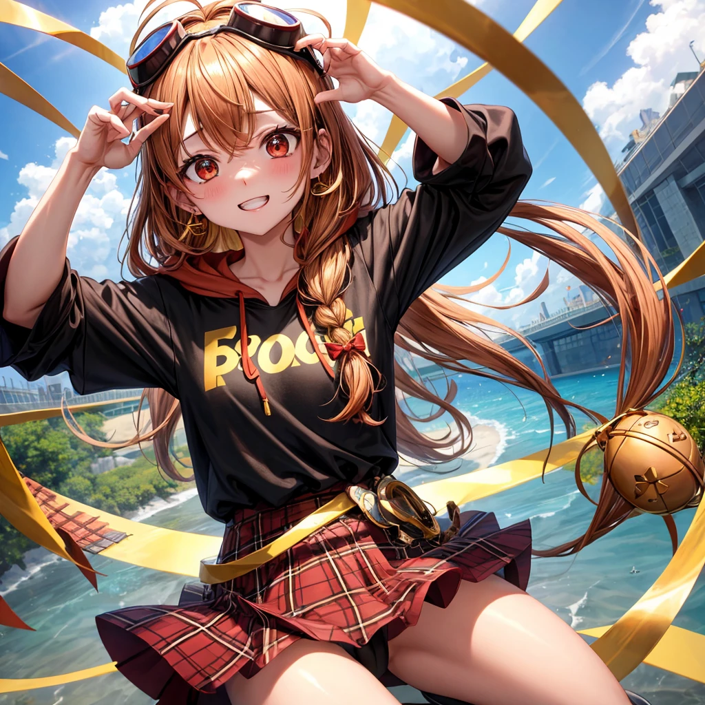 Brown, red, gold, golden hair、Red eyes、One good looking girl、solo、anime、plaid mini skirt、black camisole、Black T-shirt、hoodie、Wearing a ribbon、Ribbon on waist、Crystal Earrings、treasure石のネックレス、Light and shadow、Tilting face、teeth are visible、pillar、Kind Face、Kuroko、Diamond dust、grassland、is increasing、treasure、Hope、wearing goggles on head、Top of the Slope