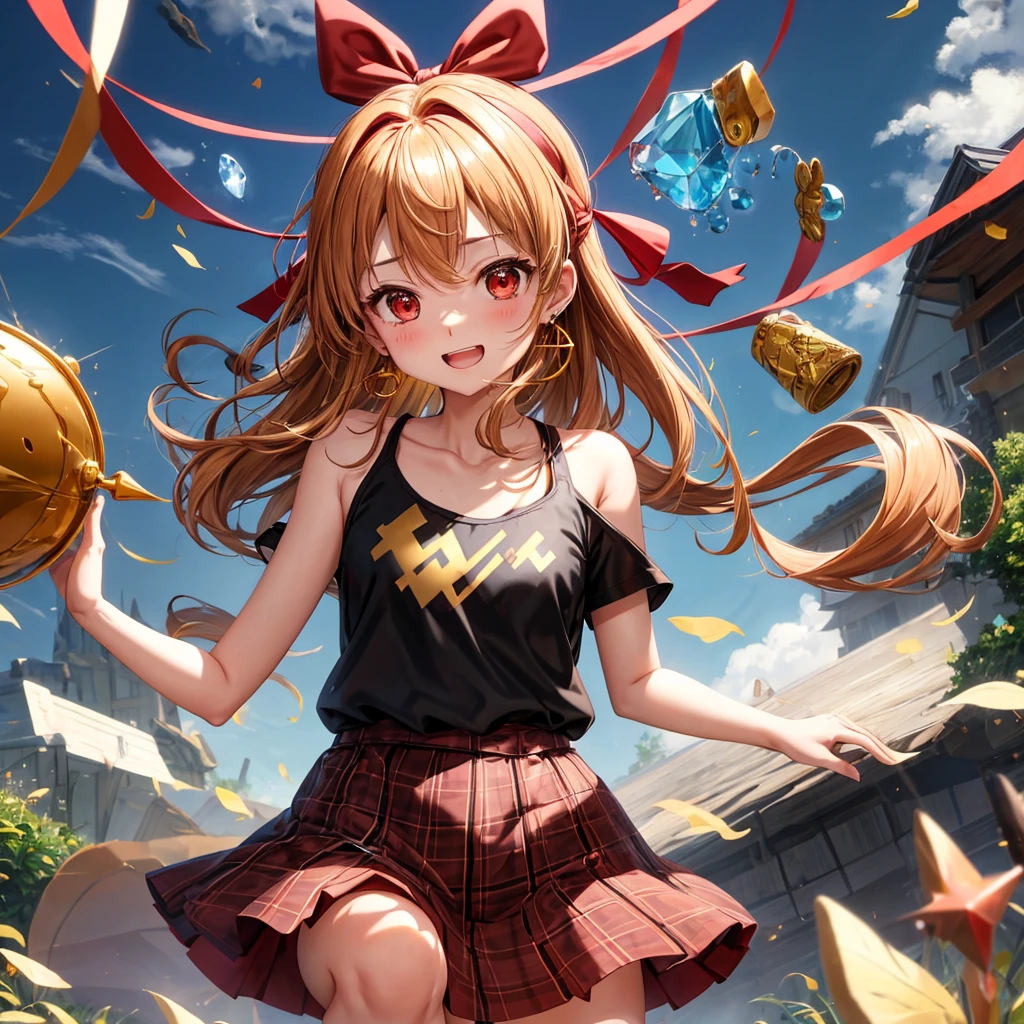Brown, red, gold, golden hair、Red eyes、One good looking girl、solo、anime、plaid mini skirt、black camisole、Black T-shirt、hoodie、Wearing a ribbon、Ribbon on waist、Crystal Earrings、treasure石のネックレス、Light and shadow、Tilting face、teeth are visible、pillar、Kind Face、Kuroko、Diamond dust、grassland、is increasing、treasure、Hope、wearing goggles on head、Top of the Slope