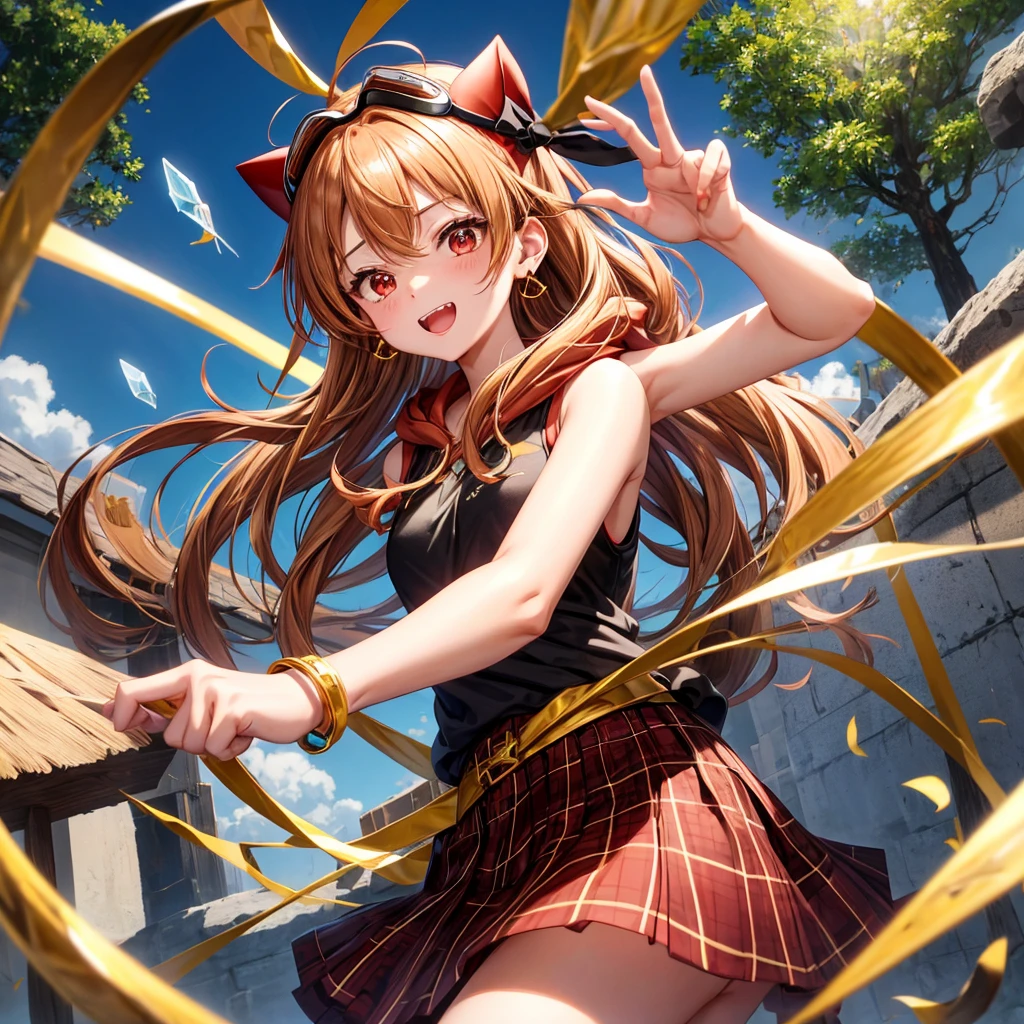 Brown, red, gold, golden hair、Red eyes、One good looking girl、solo、anime、plaid mini skirt、black camisole、Black T-shirt、hoodie、Wearing a ribbon、Ribbon on waist、Crystal Earrings、treasure石のネックレス、Light and shadow、Tilting face、teeth are visible、pillar、Kind Face、Kuroko、Diamond dust、grassland、is increasing、treasure、Hope、wearing goggles on head、Top of the Slope