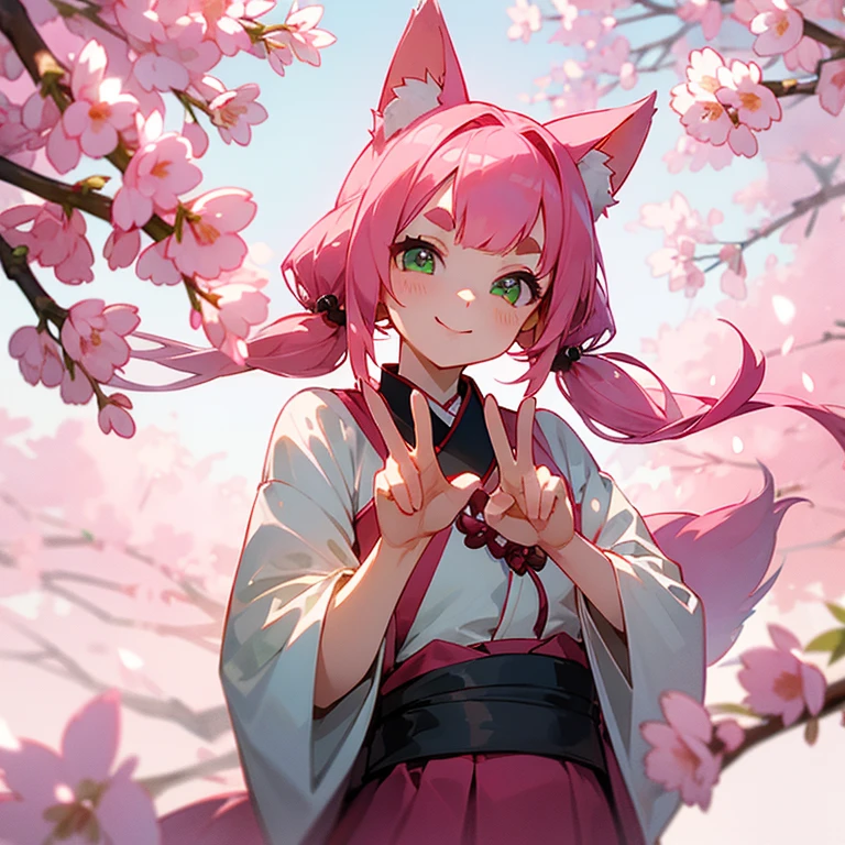 Pink Hair、Pink fox ears、pink fox tail、Green Eyes、smile、Two hands making a peace sign in front of your face、A mix of Japanese and Chinese clothing、cherry blossoms、Low Twintails、thick and short eyebrows、Cropped bangs、Short bangs