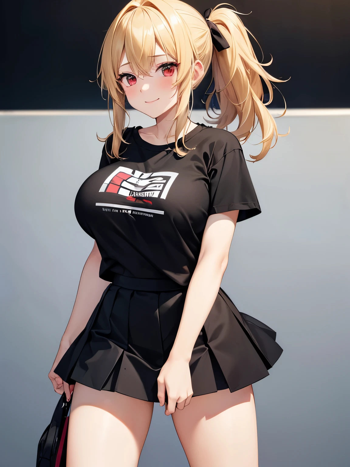 Couple, women and men,18 years old, duo,smile,blush, holding hands (girl with long hair,blonde hair,ponytail,black t-shirt,black mini skirt,red eyes,very big breast,Tennis skirt), (boy with short hair,messy hair,blonde hair,black t-shirt,black trousers,Plain t-shirt,),ultra detail, ultra hd, masterpiece