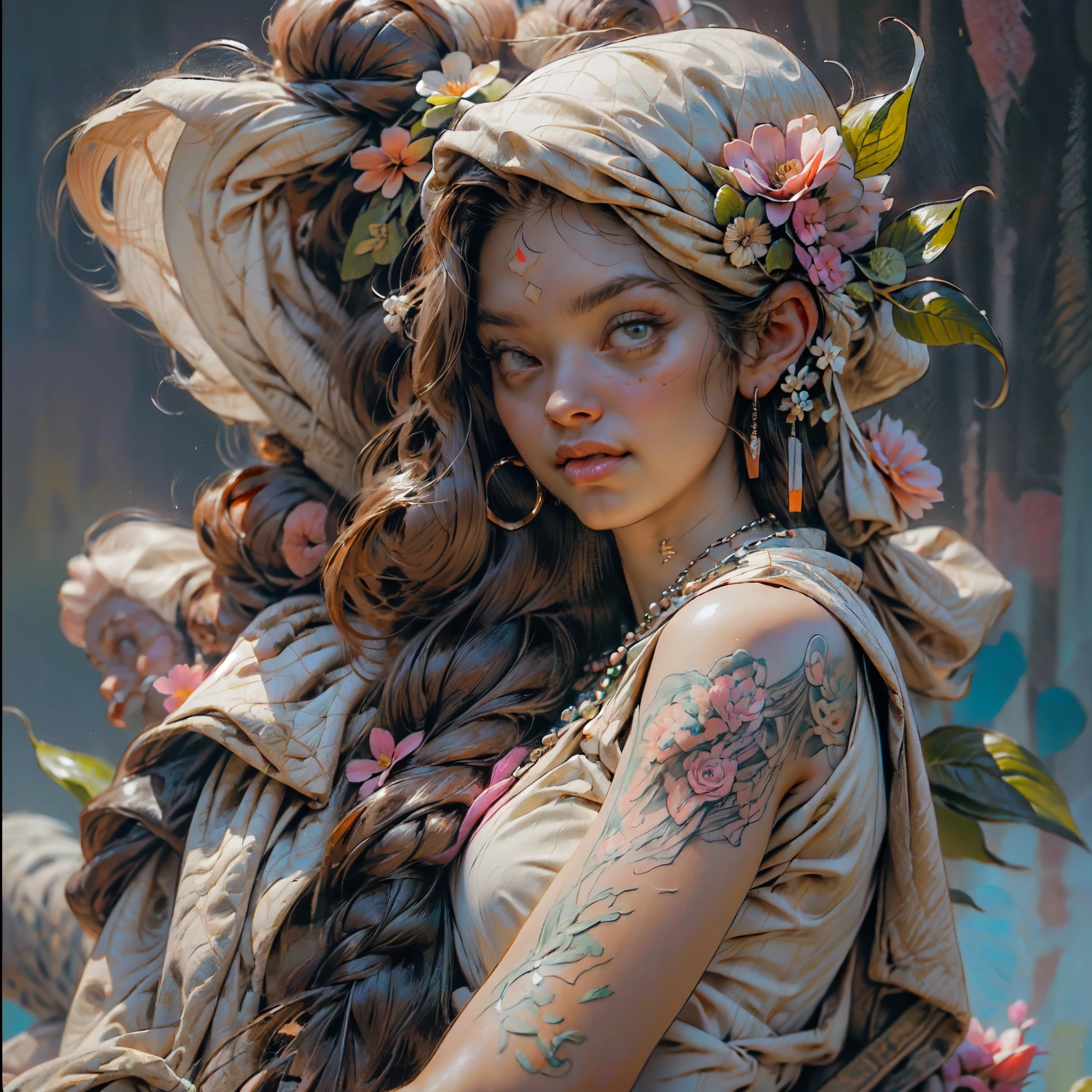 ((Create a picture, a masterpiece), (1 girl - standing at full height, relaxed pose), (Girl with long pink hair, crown, princess, detail), (1 girl, tattoos, glowing tattoos, shiny, white-fluffy 16 +), (pink transparent short dress-clothes)) (sexy, erotic), (cute style, colorful))_((long pink hair, braided), (Best quality ), (intricate details))_((Red and white clothes)), ((clothes)), ((thigh-high stockings)), ((Round eyes)), ((Beautiful face, happy, cute face)), (pin-up, perfect face, portrait on a plain background, postcards, bubblegum))_((tattoos, down clothes:1.2))_((green:1.5, orange:1.1, white:1.3, yellow:1,3), (flowers, leaves, fog, lines, circles, background)) _((stylization; clear line, clear outline, high quality line drawing))_((simple color palettes), (color fill, Saturation of color, harmony, balance), (rich pastel colors, Pure colors))_((sexy, erotic), (simple), (Necklaces and thin rings made of silver or gold), (bracelets, unusual designs))_(( background), (skulls, Flowers), (abstract), (stunning flowers), (lilies, extremely unusual, long stems - large stems, skulls, Flowers)).