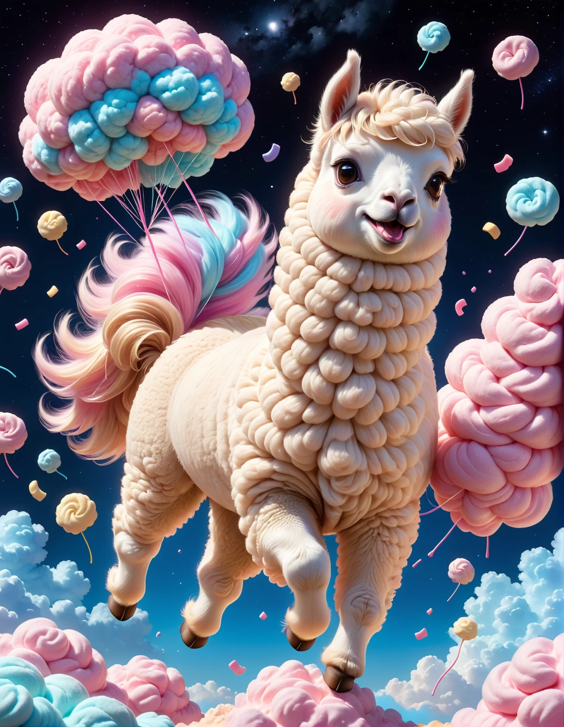 sugar cookie style, Textured fur, Marshmallow Alpaca, Jumping through cotton candy clouds in the night sky, Highly detailed, Dynamic shooting, Lovely, Kawaii, Very detailed, fair, UHD, masterpiece, ccurate, anatomically correct, super detail, best quality, 8k