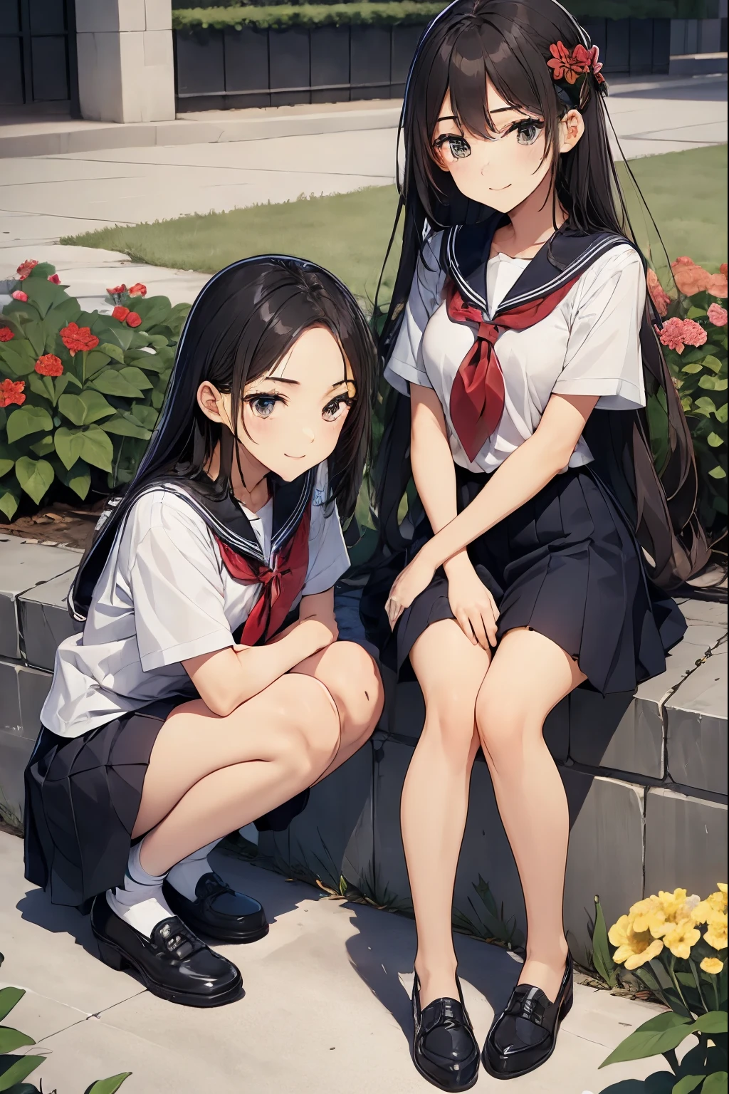 two high school girls、Crouching down in front of a flower bed、Watching the flowers、seductive smile、Schoolyard、