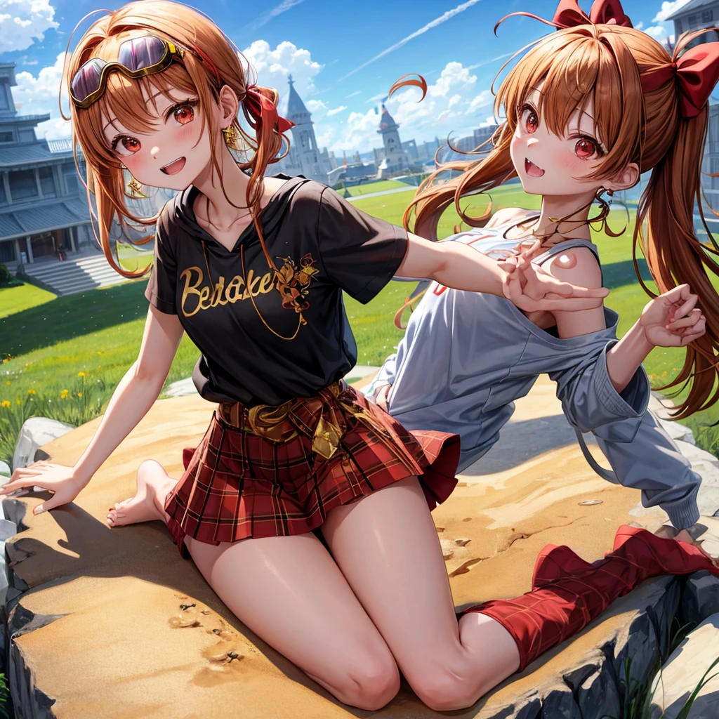 Brown, red, gold, golden hair、Red eyes、One good looking girl、solo、anime、plaid mini skirt、black camisole、Black T-shirt、hoodie、Wearing a ribbon、Ribbon on waist、Crystal Earrings、treasure石のネックレス、Light and shadow、Tilting face、teeth are visible、pillar、Kind Face、Kuroko、Diamond dust、grassland、is increasing、treasure、Hope、wearing goggles on head、Top of the Slope