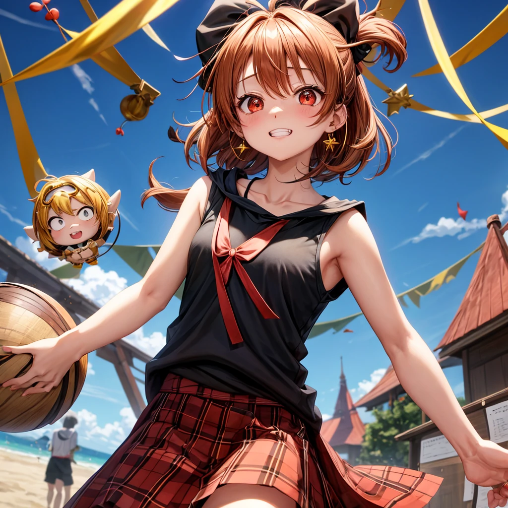 Brown, red, gold, golden hair、Red eyes、One good looking girl、solo、anime、plaid mini skirt、black camisole、Black T-shirt、hoodie、Wearing a ribbon、Ribbon on waist、Crystal Earrings、treasure石のネックレス、Light and shadow、Tilting face、teeth are visible、pillar、Kind Face、Kuroko、Diamond dust、grassland、is increasing、treasure、Hope、wearing goggles on head、Top of the Slope