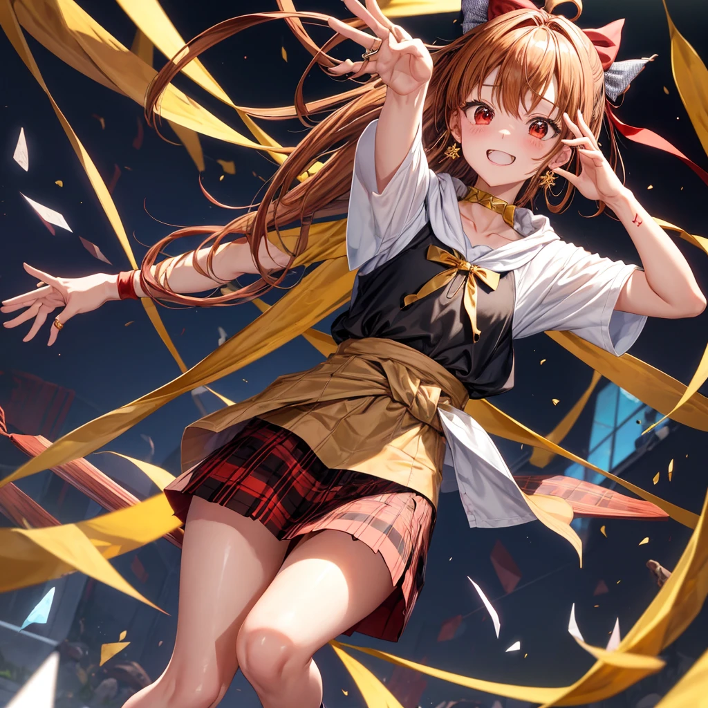Brown, red, gold, golden hair、Red eyes、One good looking girl、solo、anime、plaid mini skirt、black camisole、Black T-shirt、hoodie、Wearing a ribbon、Ribbon on waist、Crystal Earrings、treasure石のネックレス、Light and shadow、Tilting face、teeth are visible、pillar、Kind Face、Kuroko、Diamond dust、grassland、is increasing、treasure、Hope、wearing goggles on head、Top of the Slope