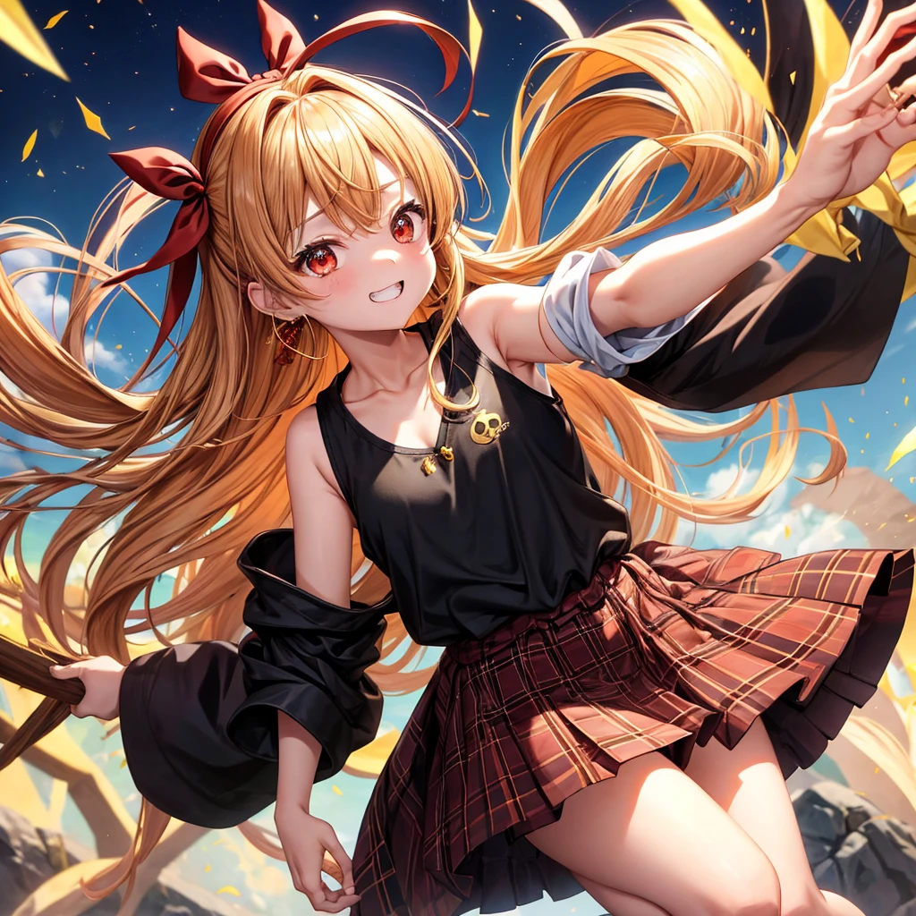 Brown, red, gold, golden hair、Red eyes、One good looking girl、solo、anime、plaid mini skirt、black camisole、Black T-shirt、hoodie、Wearing a ribbon、Ribbon on waist、Crystal Earrings、treasure石のネックレス、Light and shadow、Tilting face、teeth are visible、pillar、Kind Face、Kuroko、Diamond dust、grassland、is increasing、treasure、Hope、wearing goggles on head、Top of the Slope