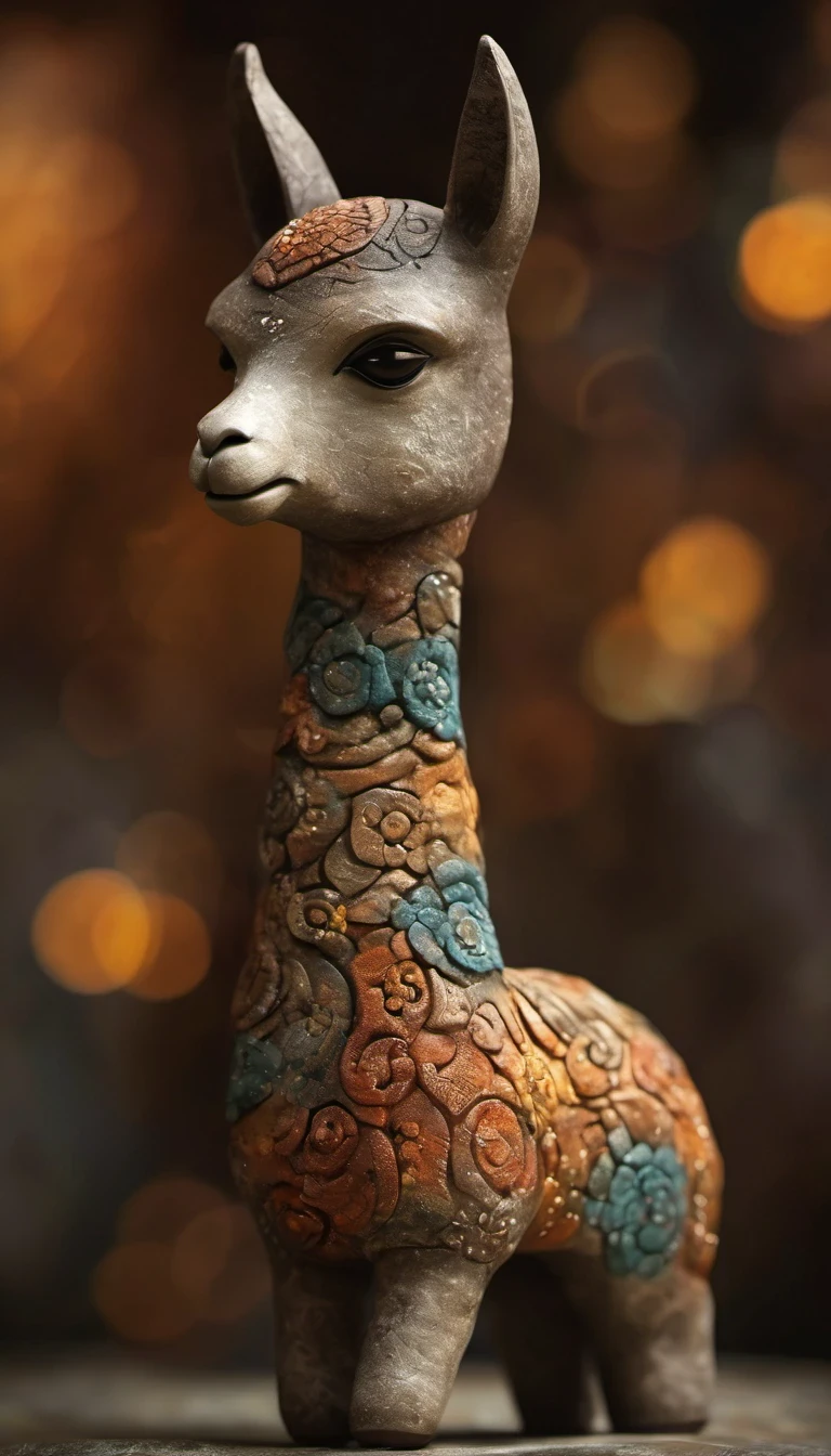 (masterpiece, best quality:1.2),  （Paint an adorable alpaca sculpture in earthy tones），whole body，Warmth，With subtle patterns and textures，Invoking Ancient Wisdom. Focus on the face，With depth of field and bokeh effects. This is a high resolution image，Complex details，The background is dark，Soft lighting, style of. 
