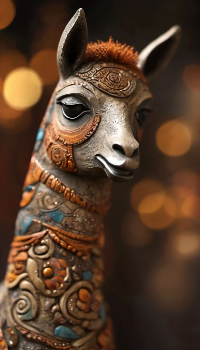 (masterpiece, best quality:1.2),  （Paint an adorable alpaca sculpture in earthy tones），whole body，Warmth，With subtle patterns and textures，Invoking Ancient Wisdom. Focus on the face，With depth of field and bokeh effects. This is a high resolution image，Complex details，The background is dark，Soft lighting, style of. 
