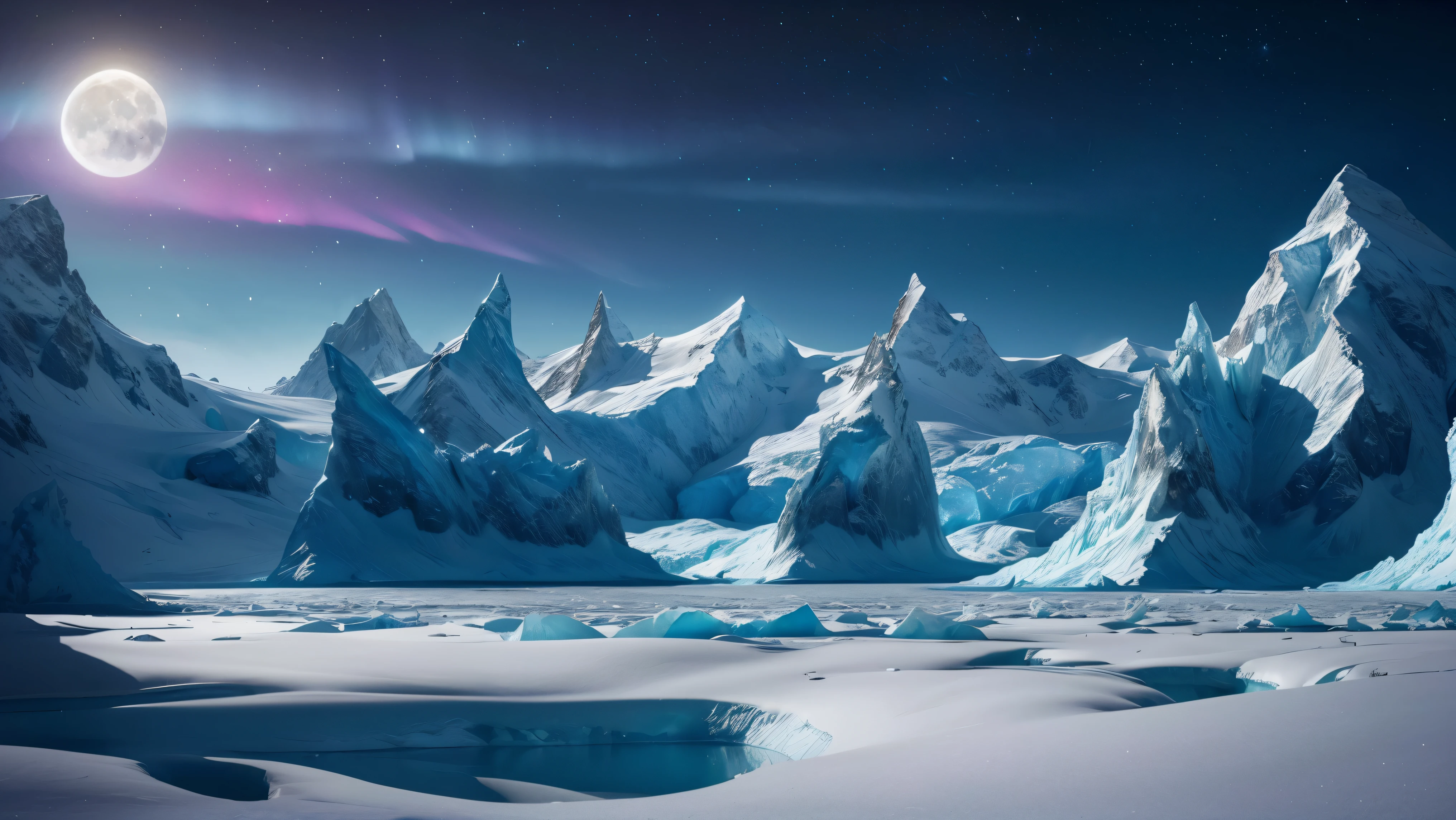 An exquisite Arctic landscape painted in various shades of ethereal blue, Showcasing the pristine beauty of icy glaciers, sparkling snow peaks, And the endless frozen forest. A landscape full of feminine curves. The shape of the mound is reminiscent of a large breast. The crystal ice reflects the soft moonlight，Enhances the tranquil atmosphere, Creating a mesmerizing picture of pure tranquility and awe-inspiring natural wonders. Northern Lights. national geographic style. masterpiece. Ultra HD.