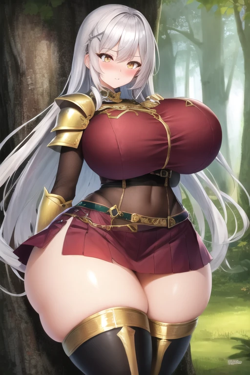 masterpiece, best quality, 1girl, forest, white hair, long hair, golden eyes, cute, blushing, , (silver and gold knight armor:1.2), skirt, thigh highs, (curvy, slim waist, big bsting breasts, wide hie thighs:1.1)