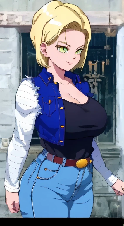 ((Main Part,best quality)), blond, Yellow hair, case, Android_18_.D B, jeans, striped long sleeve shirt, blue denim vest, Solitary, smiling, Looking at the audience, Cowboy shooting, Film composition, Dynamic poses, whole body, Brown boots, side profile, Show leg side, Show side, from the side, Stand up, whole body, jeans azul, reflection, short hair, Big Ass, Cleavage, thin waist, Big ,