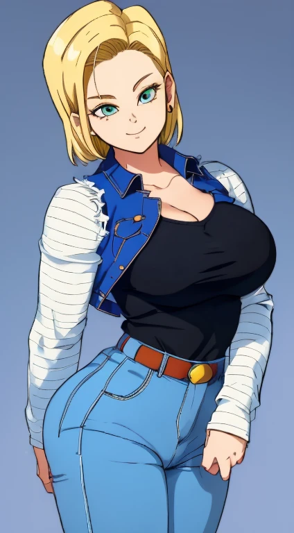 ((Main Part,best quality)), blond, Yellow hair, case, Android_18_.D B, jeans, striped long sleeve shirt, blue denim vest, Solitary, smiling, Looking at the audience, Cowboy shooting, Film composition, Dynamic poses, whole body, Brown boots, side profile, Show leg side, Show side, from the side, Stand up, whole body, jeans azul, reflection, short hair, Big Ass, Cleavage, thin waist, Big ,