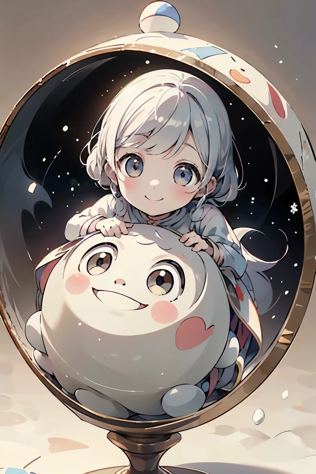 Three-dimensional art made of paper cutouts arranged in a spherical shape、The theme is Snow White、smile