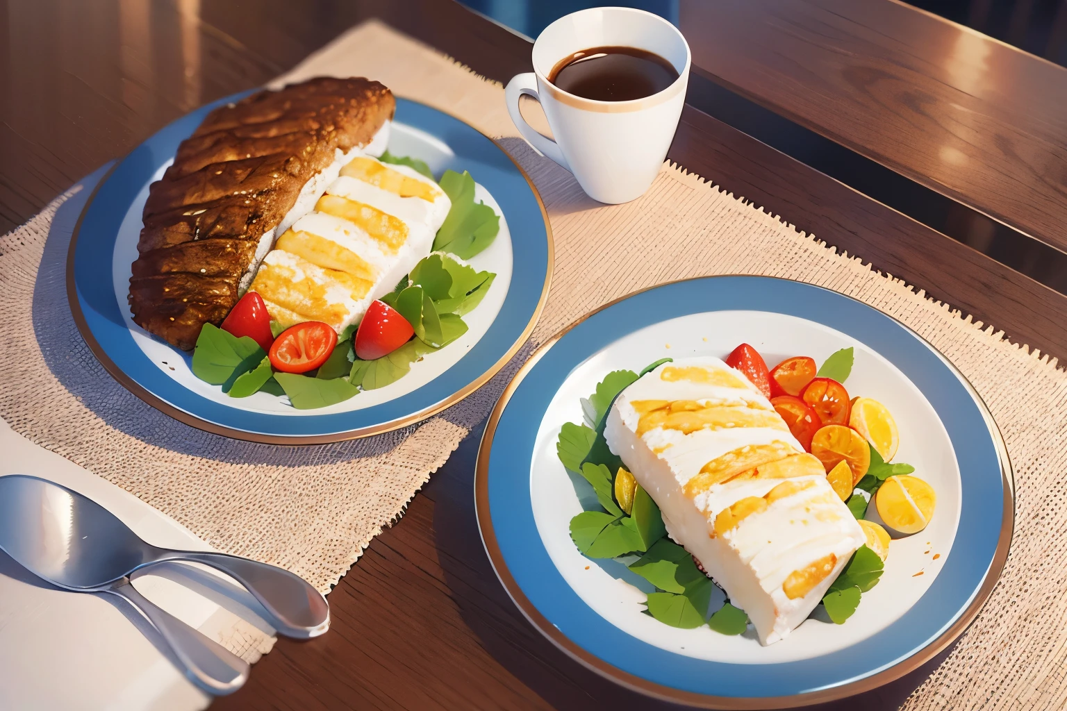 table、Omelettes on two plates、Two coffee cups、living
