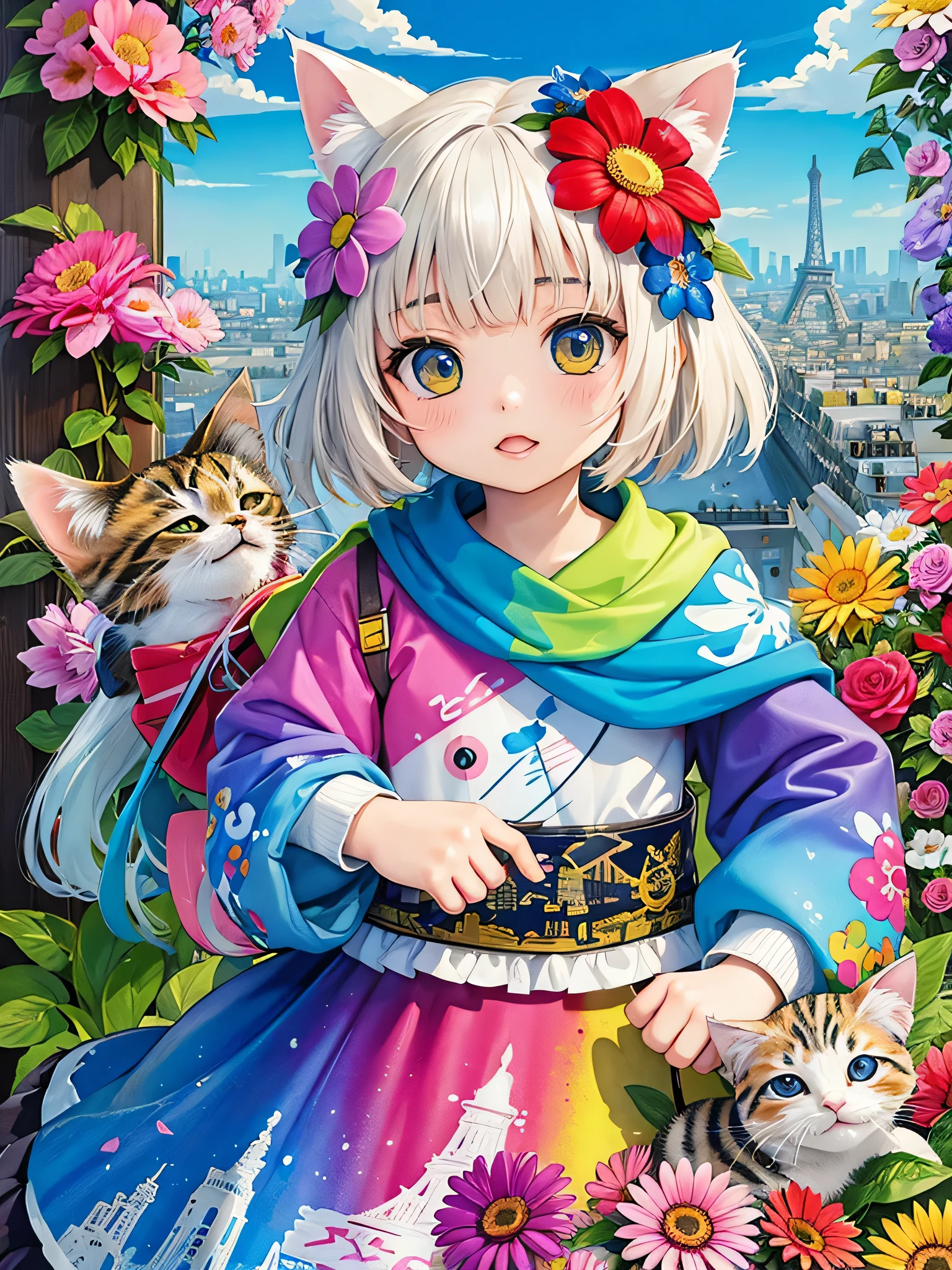 8K quality, Takashi murakami'illustration of, intense watercolor, watercolor detailed art, watercolor splash, surreal, avant-garde pop art, Beautiful and expressive paintings, beautiful artwork illustration of, very colorful tones, wonderful, cool beauty, highest quality,official art, vector art,stylish design, (((1 cute kitten))), (((highest quality))), HDR, ((Detailed details)), (((graffiti art))), ((masterpiece))、((Super detailed))、(((colorful flowers)))、(((Paris cityscape)))