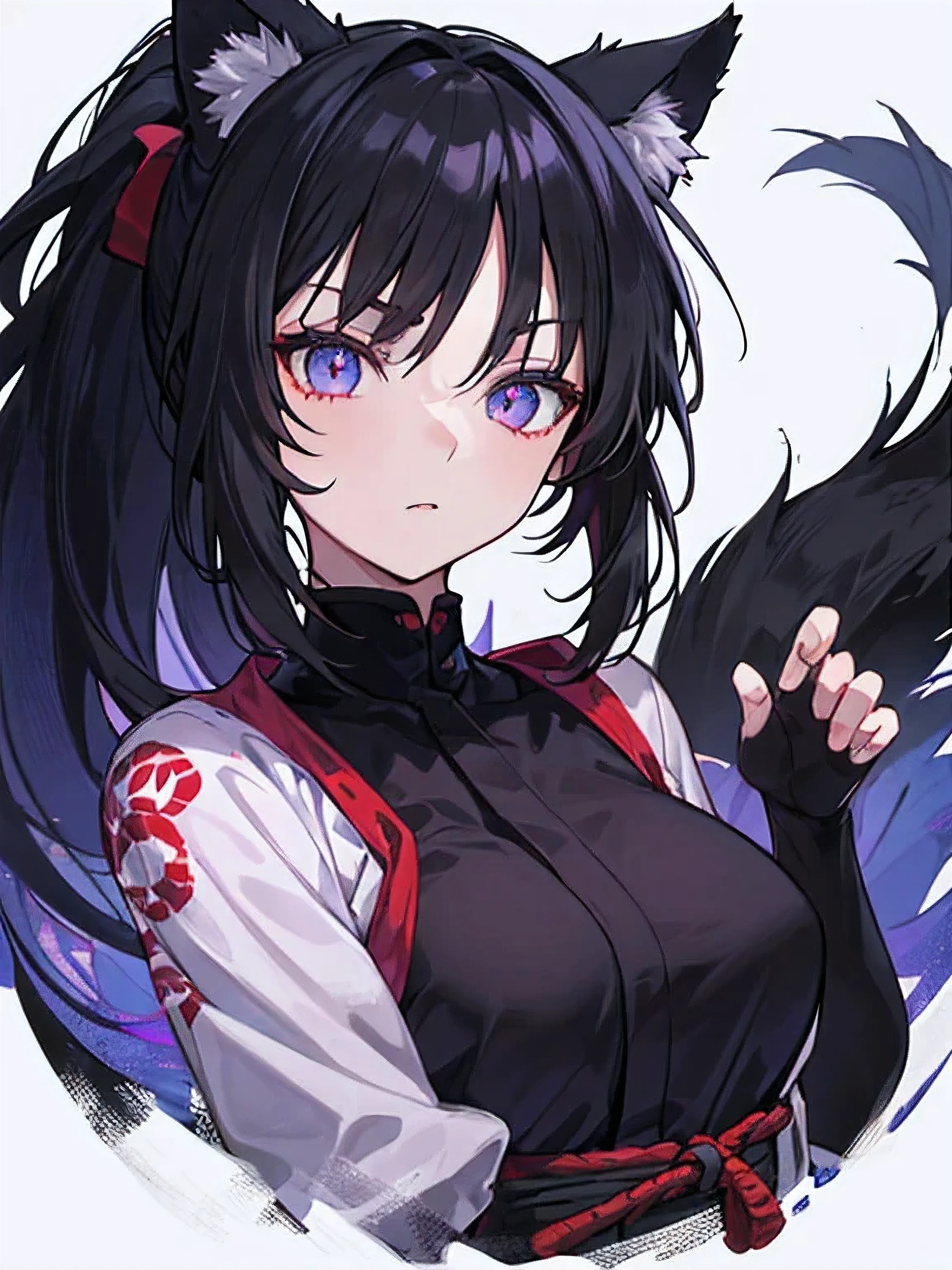 best quality, masterpiece, beautiful cat girl with two tails in a ninja style outfit, serious expression, flowing pitch black hair in ponytail, split bangs, ultra beautiful and detailed eyes, violet eyes, perfect face, ultra detailed,