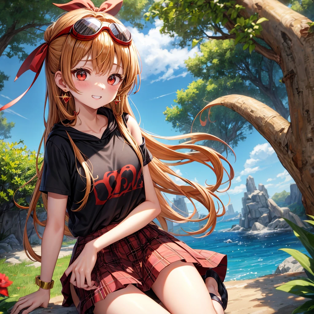 Brown, red, gold, golden hair、Red eyes、One good looking girl、solo、anime、plaid mini skirt、black camisole、Black T-shirt、hoodie、Wearing a ribbon、Ribbon on waist、Crystal Earrings、treasure石のネックレス、Light and shadow、Tilting face、teeth are visible、pillar、Kind Face、Kuroko、Diamond dust、grassland、is increasing、treasure、Hope、wearing goggles on head、Top of the Slope
