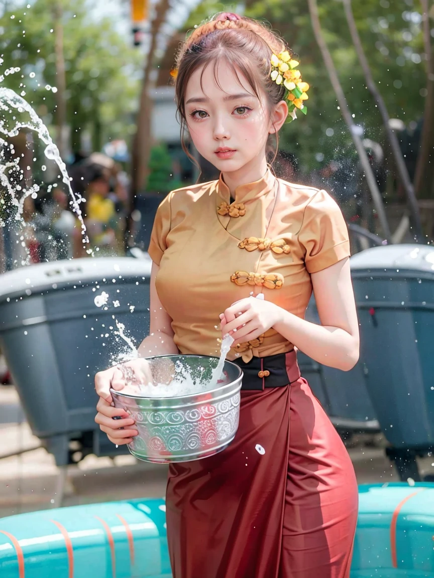 As she was wet with water, her beauty became more apparent, and her attractive body was revealed