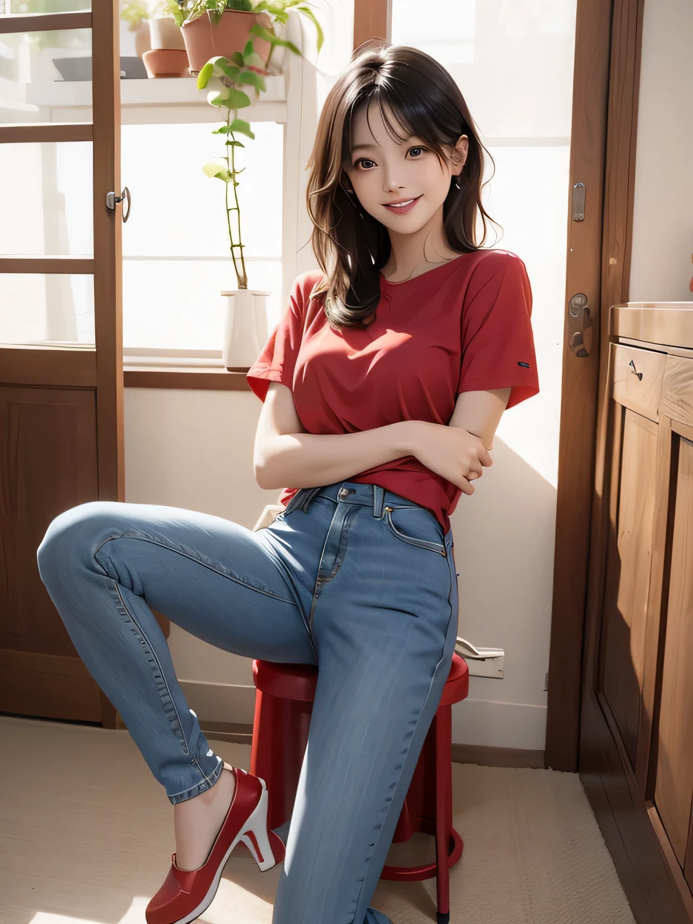 do:1.3), (8k, Realistic, RAW Photos, highest quality:1.4), (Realistic face), (Black Hair、Short Haircut、Beautiful Hairstyles、Ear piercing、, smile、Beautiful teeth alignment、Beautiful small blue eyes, (realistic skin texture), (Beautiful Skin),charm, Ultra-high resolution, Ultra-realistic skin, (Natural light)、Golden Ratio, ((smile)), ((full body shot)), (((Red trainer)))、((Skinny jeans、pumps))
