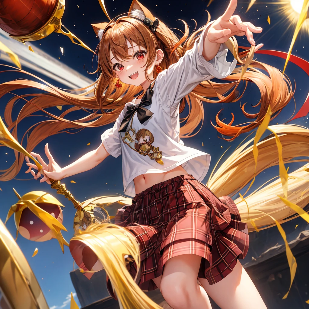 Brown, red, gold, golden hair、Red eyes、One good looking girl、solo、anime、plaid mini skirt、black camisole、Black T-shirt、hoodie、Wearing a ribbon、Ribbon on waist、Crystal Earrings、treasure石のネックレス、Light and shadow、Tilting face、teeth are visible、pillar、Kind Face、Kuroko、Diamond dust、grassland、is increasing、treasure、Hope、wearing goggles on head、Top of the Slope