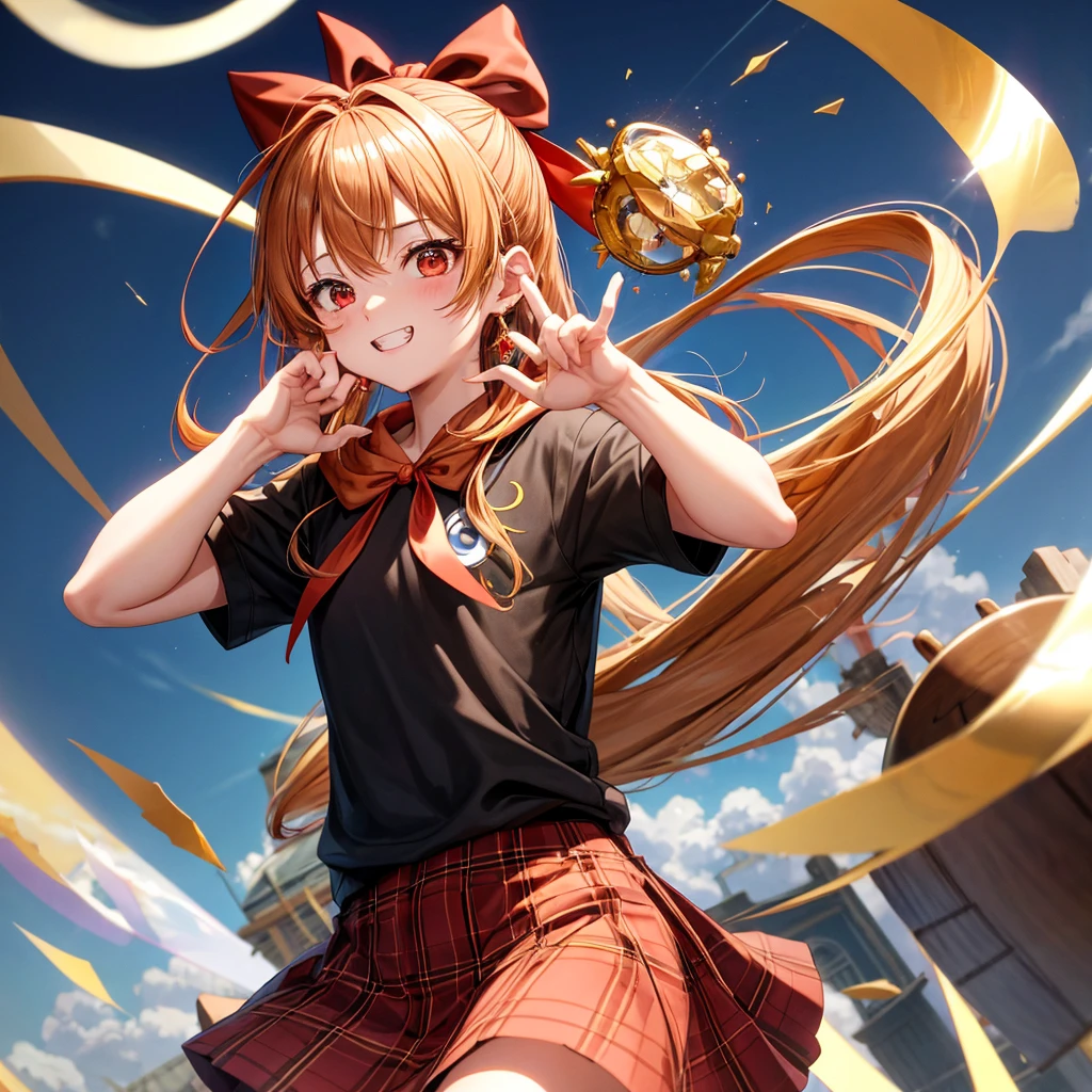 Brown, red, gold, golden hair、Red eyes、One good looking girl、solo、anime、plaid mini skirt、black camisole、Black T-shirt、hoodie、Wearing a ribbon、Ribbon on waist、Crystal Earrings、treasure石のネックレス、Light and shadow、Tilting face、teeth are visible、pillar、Kind Face、Kuroko、Diamond dust、grassland、is increasing、treasure、Hope、wearing goggles on head、Top of the Slope