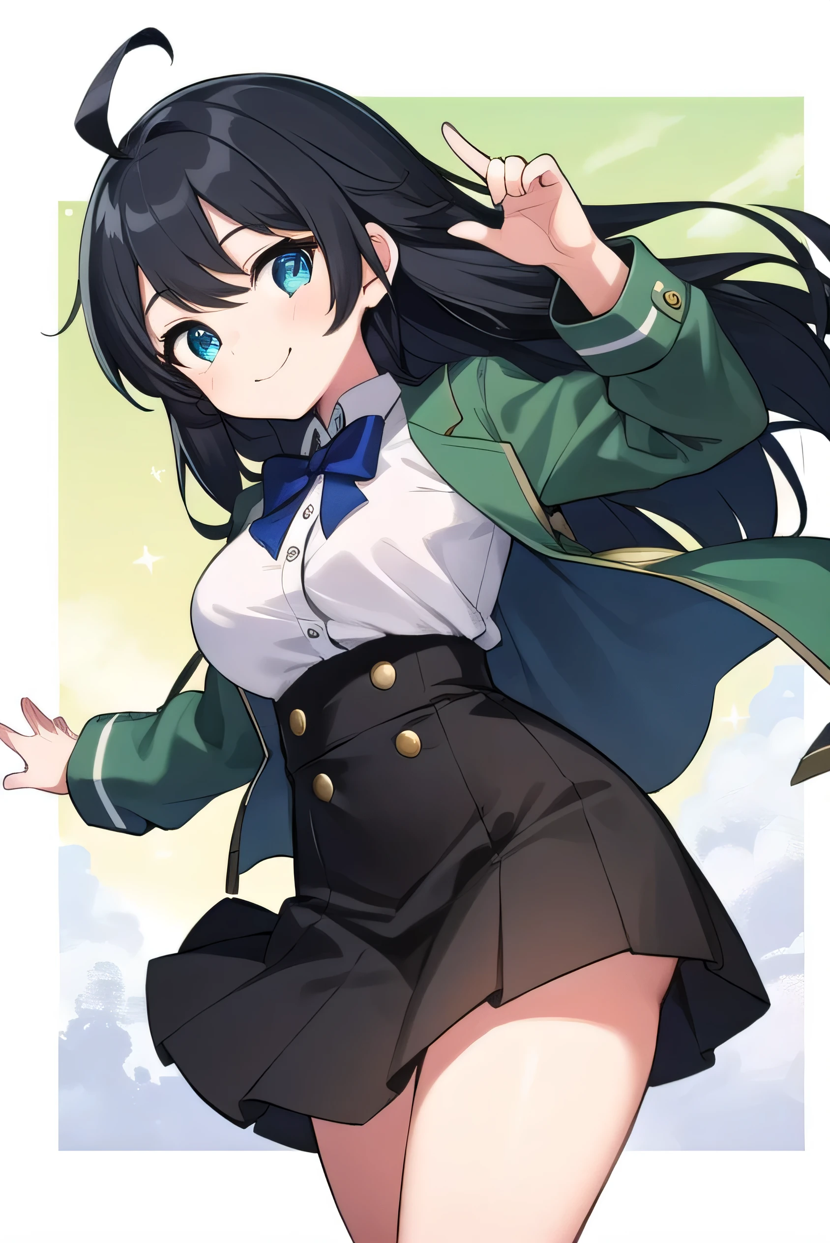 Junior high school student who looks like an elementary school student, 14 years old, very short, 140 cm tall, black hair with a slight green tinge, short ahoge, beautiful long hair but with a little hair sticking out, beautiful round eyes, blue eyes, smile, boyish, long sleeves, Thick clothes, skirt, big breasts, hair longer than waist, long hair, childish face, gentle smile, a little shy, black skirt, black hair with a slight green tinge, boyish, gentle smile, jacket one size larger, ( Deep greenish black hair: 1.2)