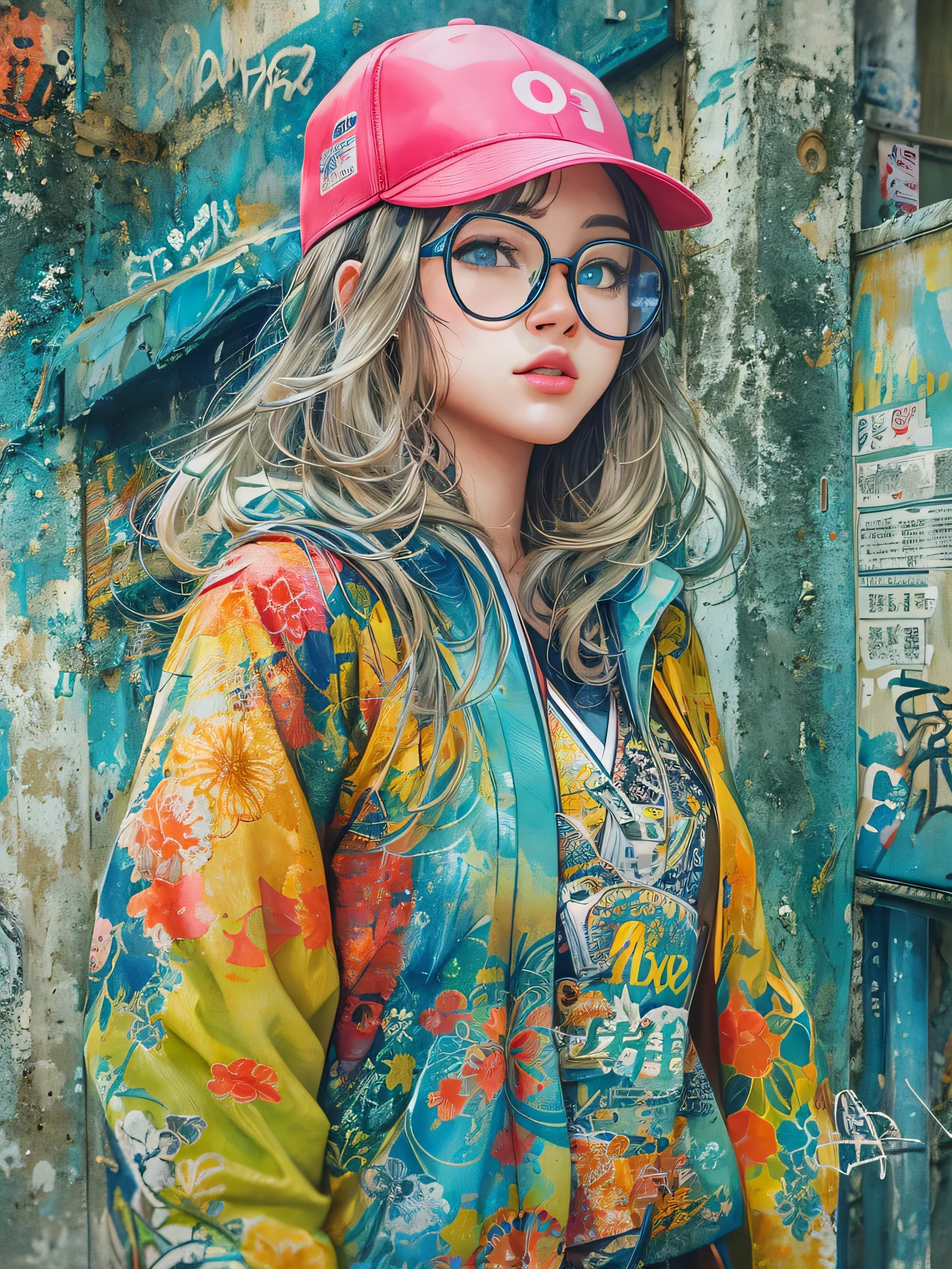 8K quality, watercolor painting, stylish design, (((The strongest beautiful girl of all time))), (((Japanese)))、clear, stylish glasses, Fashionable hats, (((highest quality))), bob hair, Place your hands on the wall, HDR, ((Detailed details)), stylish fashion, detailed clothing texture, (((graffiti art))), colorful hair, ((masterpiece))、((Super detailed))