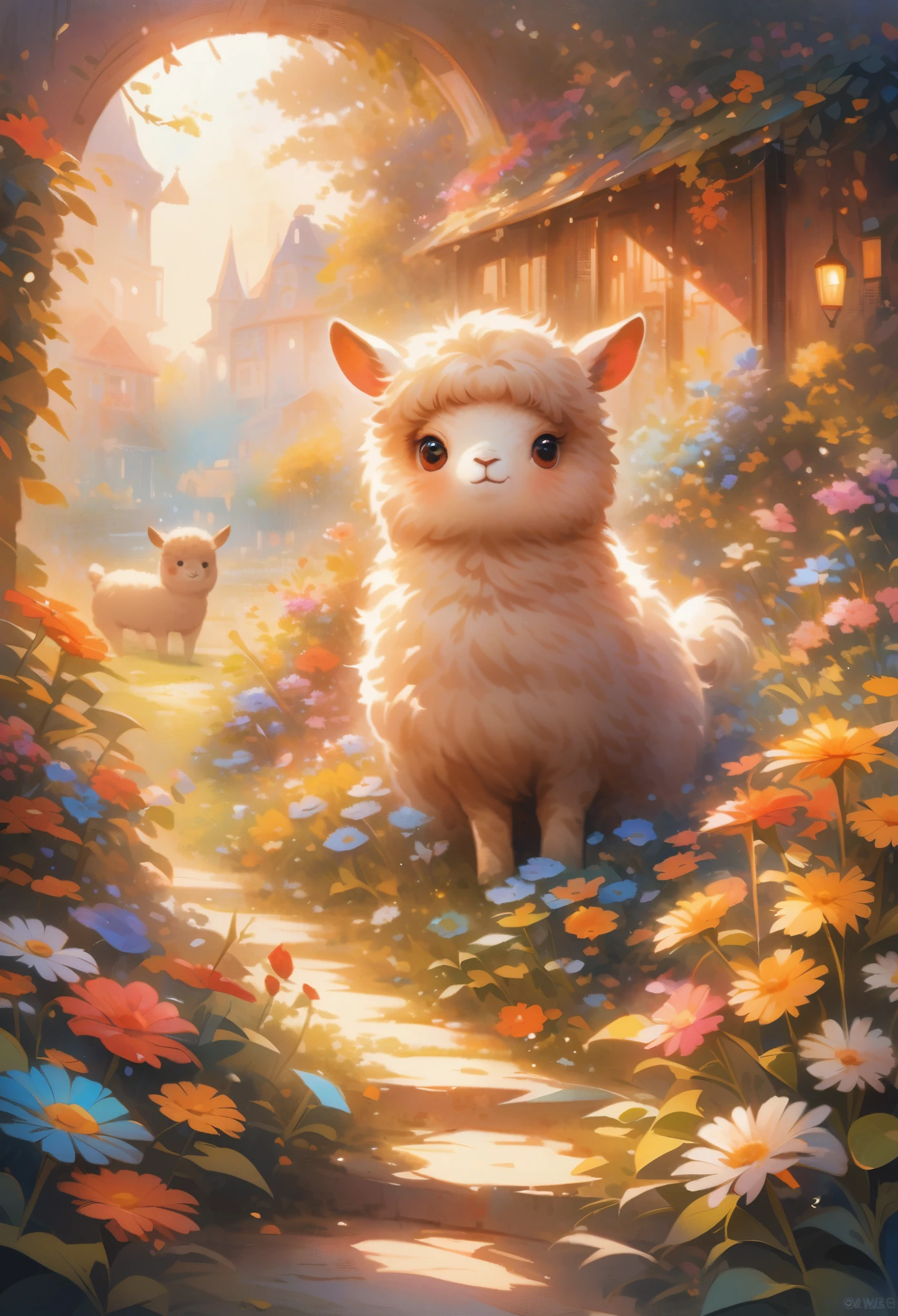 style, Vibrant colors, dreamy atmosphere, Layered composition, Intricate details, Warm rural background,(Brown Alpaca, Alpaca plush toy, Old Alpaca, Anthropomorphic alpacas, Fluffy,Solitary， big eyes,best quality,Super detailed,Reality), Soft texture, Comfortable atmosphere, peaceful garden background, Vibrant colors, Warm lighting