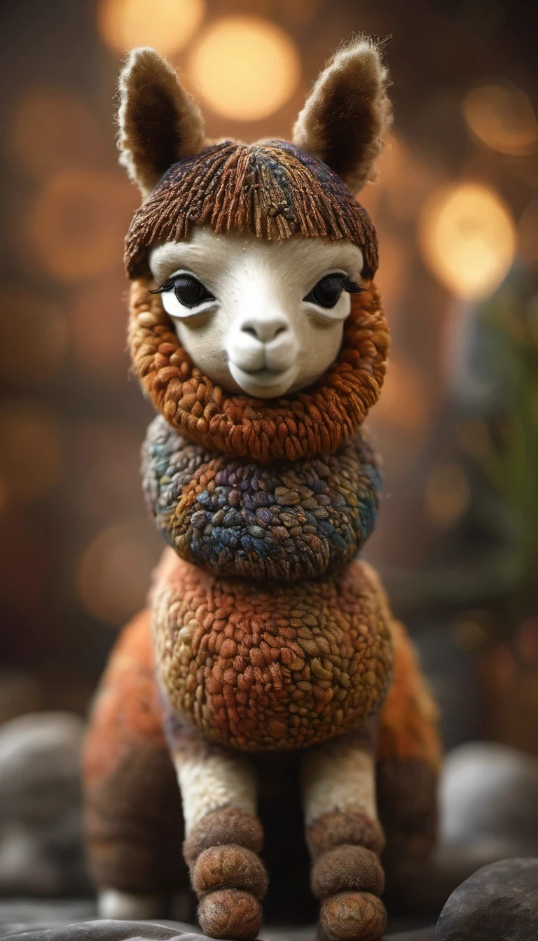 (masterpiece, best quality:1.2),  （Paint an adorable alpaca sculpture in earthy tones），whole body，Warmth，With subtle patterns and textures，Invoking Ancient Wisdom. Focus on the face，With depth of field and bokeh effects. This is a high resolution image，Complex details，The background is dark，Soft lighting, style of. 
