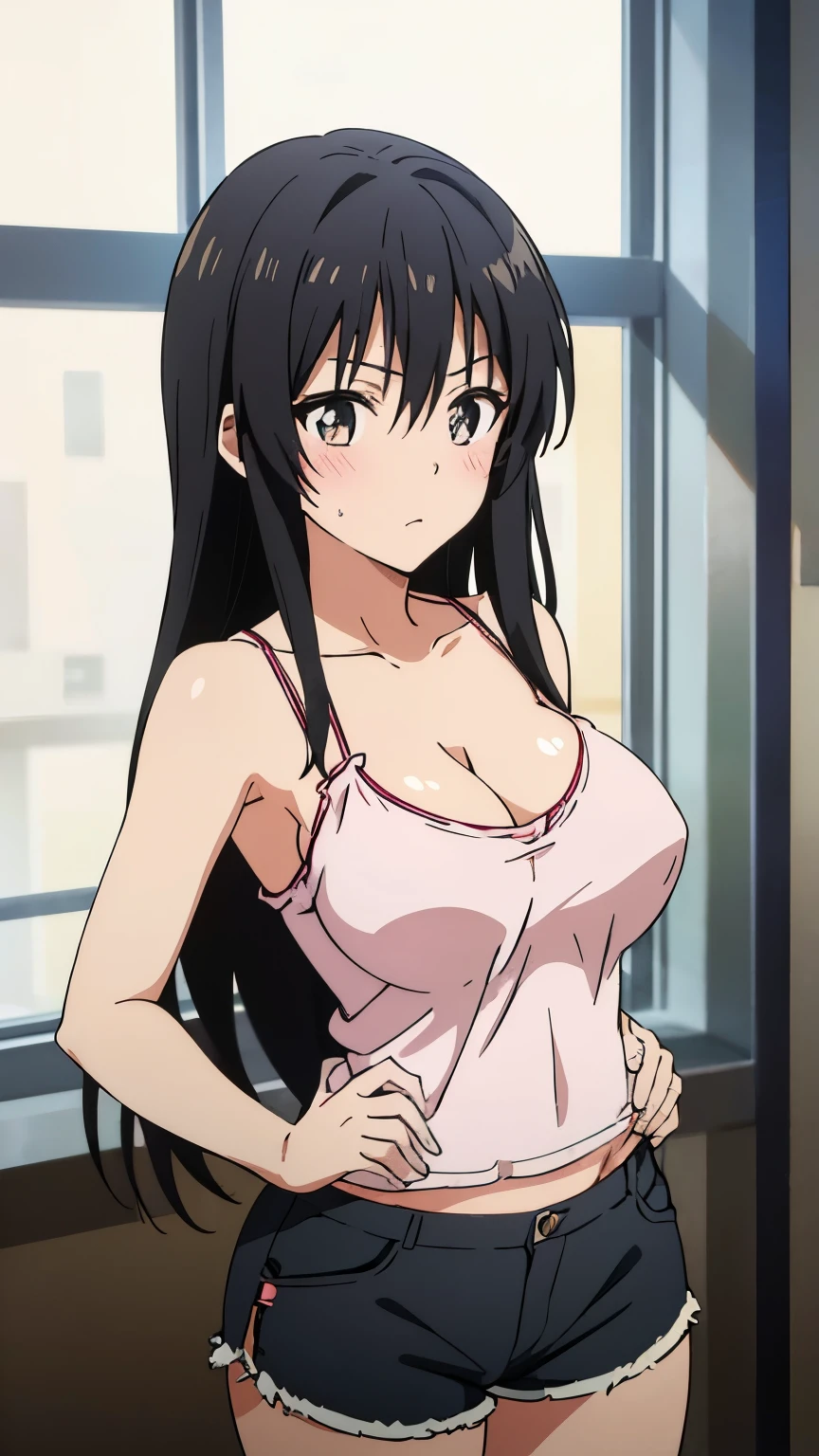 Top quality, high resolution, masterpiece, 8K, anime screen capture, anime color, anime key visual, beautiful outline, kotegawa yui, one girl, cute, blushing, long black hair, 14 years, cleavage, breast compression, ((Camisole, nipple shape, shorts)), Perfect anatomy, Beautiful detailed face, Beautiful fine eyes, Beautiful detailed hair, Beautiful detailed body, Stylish pose, Stylish angle, Looking at viewer, Image In the middle of the cowboy shot,