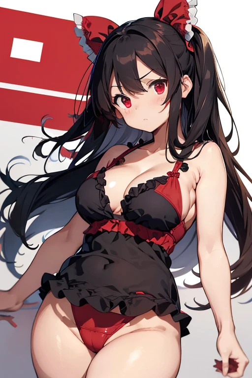 Reimu Panties visible Huge breasts Breasts visible, troubled face Wearing a swimsuit  visible Breast size is 25 Panties are red or black Masterpiece