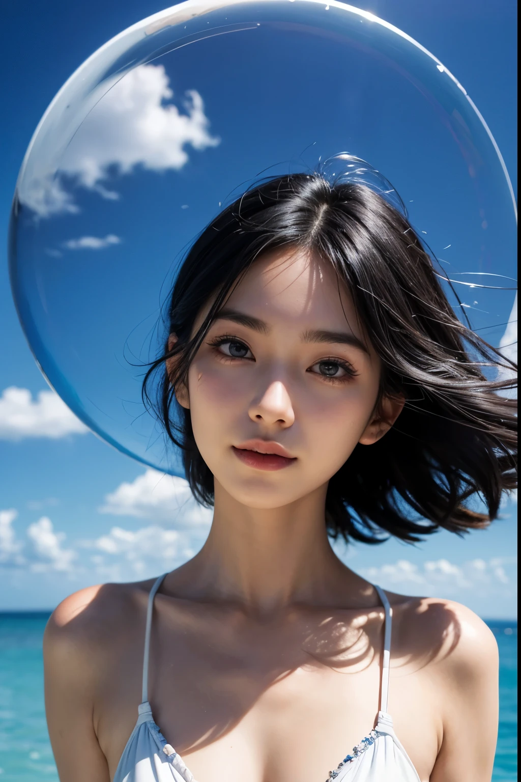 Black Hair、Long eyelashes、Solid circle eye、A light smile、Surrealism、Drop Shadow、Anaglyph、Stereogram、Portrait、POV、Atmospheric Perspective、bellism、Hyperrealism、Super Detail、correct、最high quality、16k、UHD、masterpiece、Anatomically correct、Textured Skin、Super Detail、High Detail、high quality、最high quality、High resolution、Beautiful Japanese Women、Swimwear、whole、Standing in the distance、