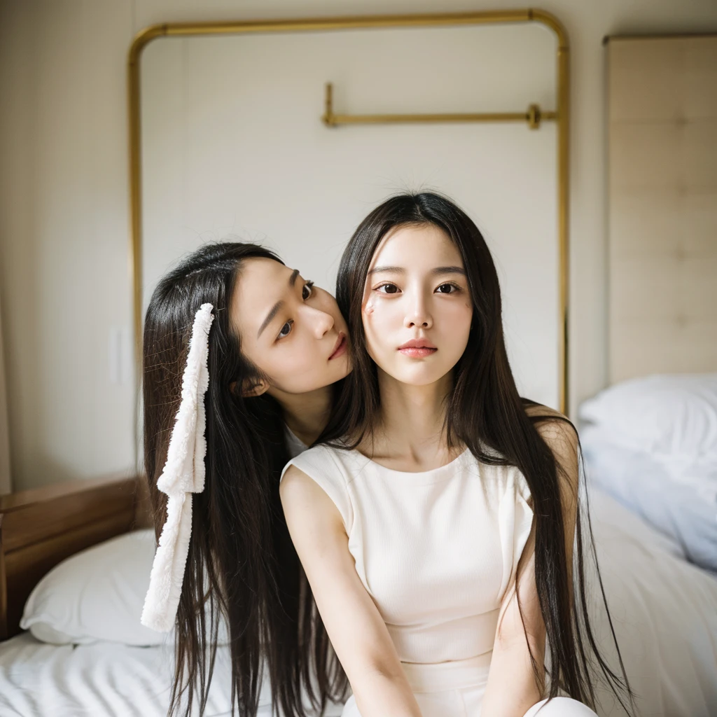 Asian girl with long hair doing skin care