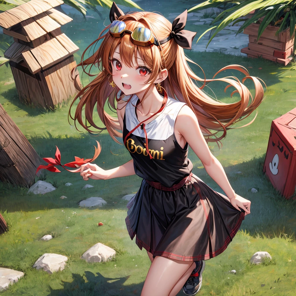 Brown, red, gold, golden hair、Red eyes、One good looking girl、solo、anime、plaid mini skirt、black camisole、Black T-shirt、hoodie、Wearing a ribbon、Ribbon on waist、Crystal Earrings、treasure石のネックレス、Light and shadow、Tilting face、teeth are visible、pillar、Kind Face、Kuroko、Diamond dust、grassland、is increasing、treasure、Hope、wearing goggles on head、Walking at the top of the hill