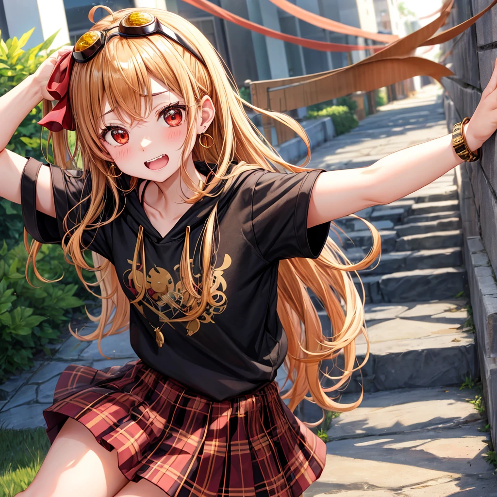 Brown, red, gold, golden hair、Red eyes、One good looking girl、solo、anime、plaid mini skirt、black camisole、Black T-shirt、hoodie、Wearing a ribbon、Ribbon on waist、Crystal Earrings、treasure石のネックレス、Light and shadow、Tilting face、teeth are visible、pillar、Kind Face、Kuroko、Diamond dust、grassland、is increasing、treasure、Hope、wearing goggles on head、Walking at the top of the hill