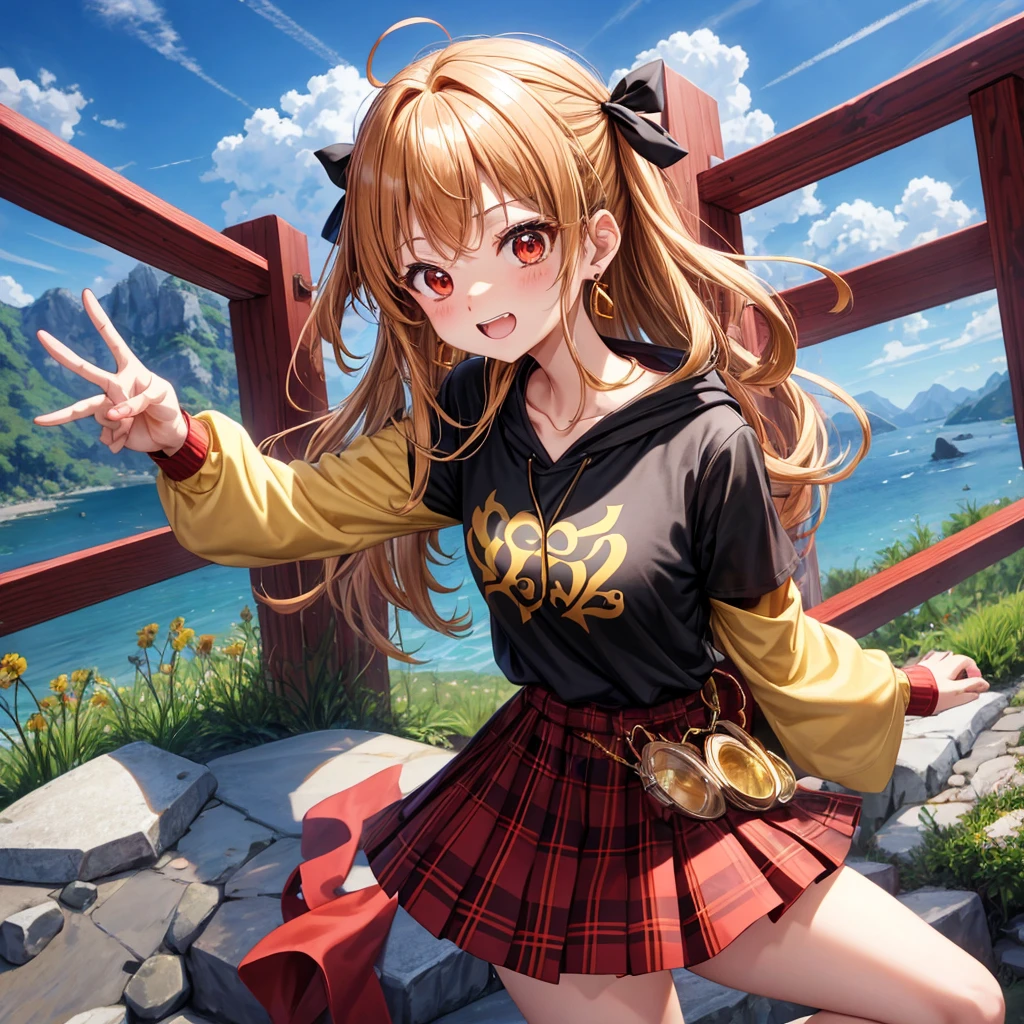 Brown, red, gold, golden hair、Red eyes、One good looking girl、solo、anime、plaid mini skirt、black camisole、Black T-shirt、hoodie、Wearing a ribbon、Ribbon on waist、Crystal Earrings、treasure石のネックレス、Light and shadow、Tilting face、teeth are visible、pillar、Kind Face、Kuroko、Diamond dust、grassland、is increasing、treasure、Hope、wearing goggles on head、Walking at the top of the hill