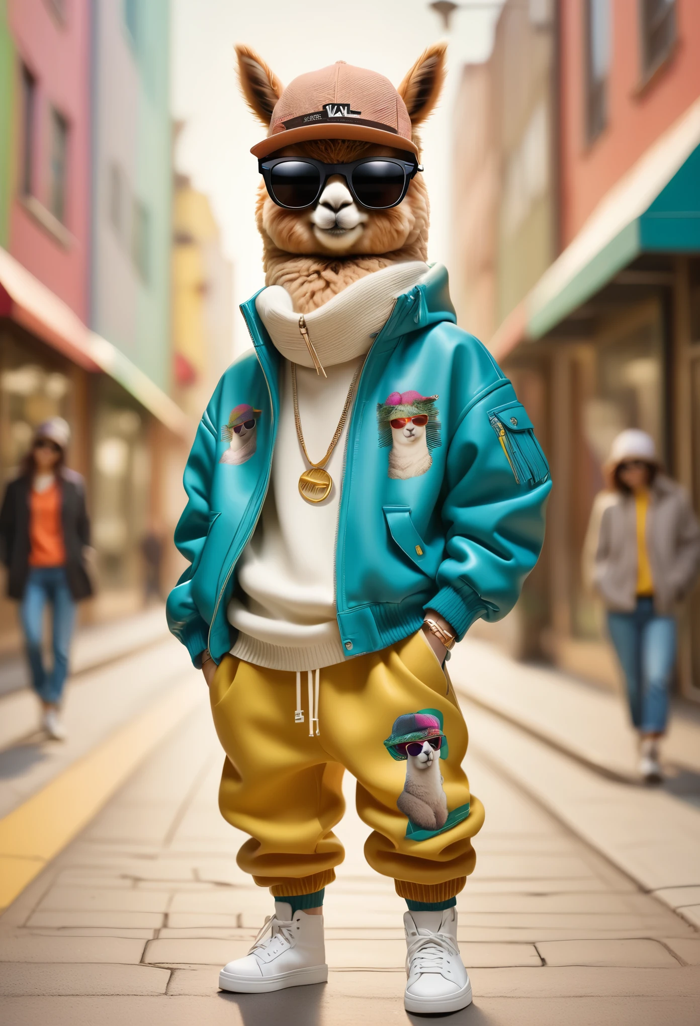 1. Alpaca，Stylish outfit，Hip-hop style，Cool，wearing sunglasses，