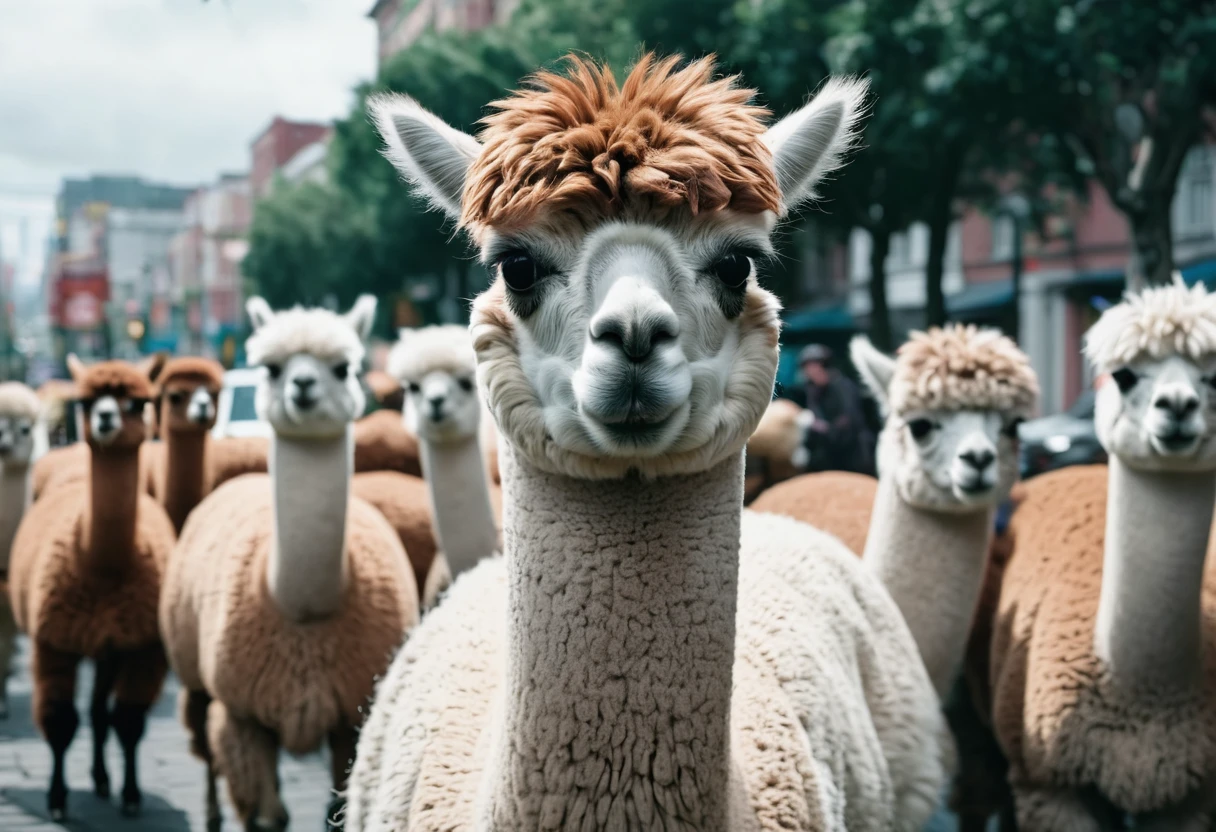 scary alpaca in the city, the people scattering around, movie still, cinematic shot,