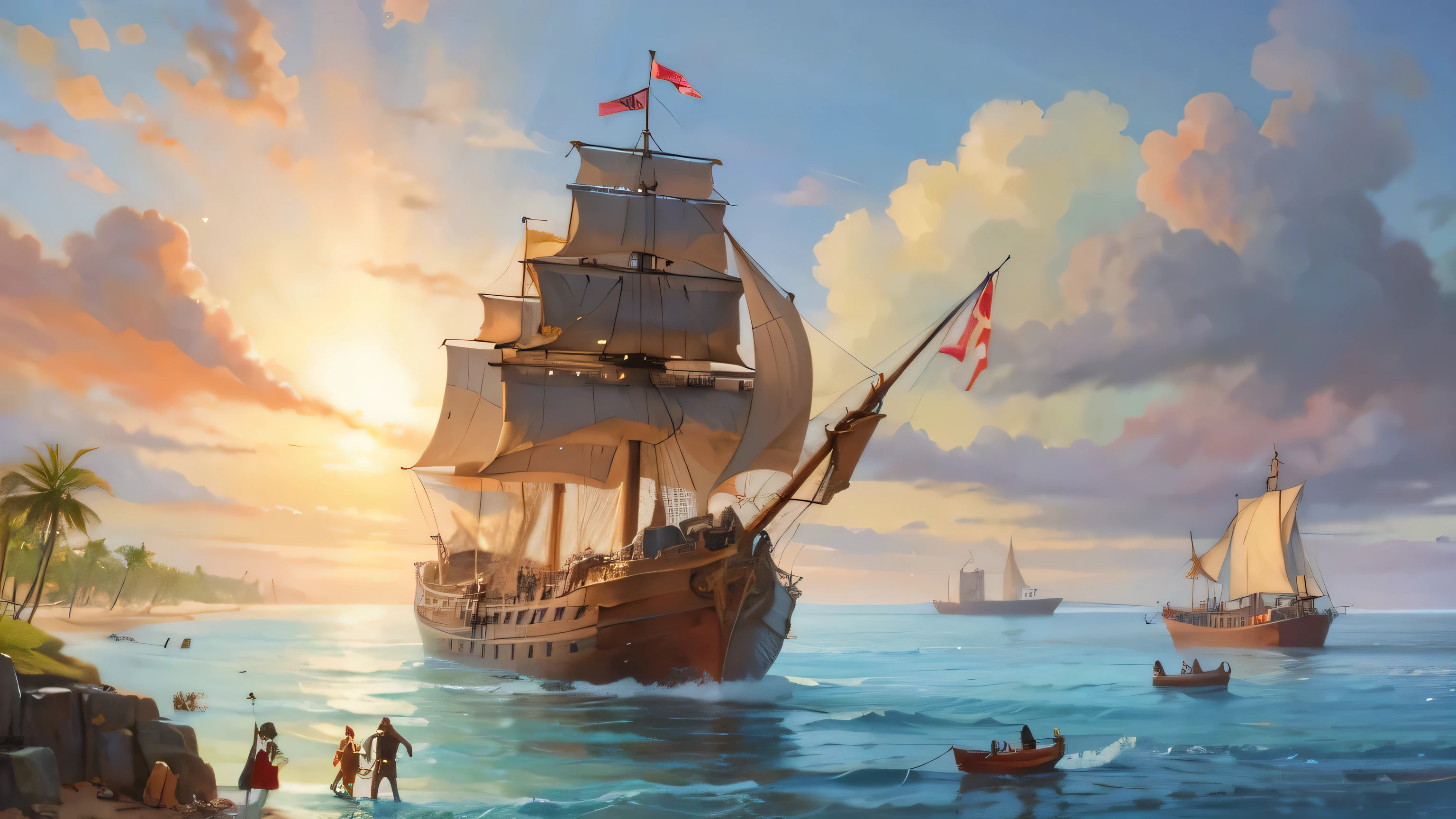 A galleon ship arriving at the seashore