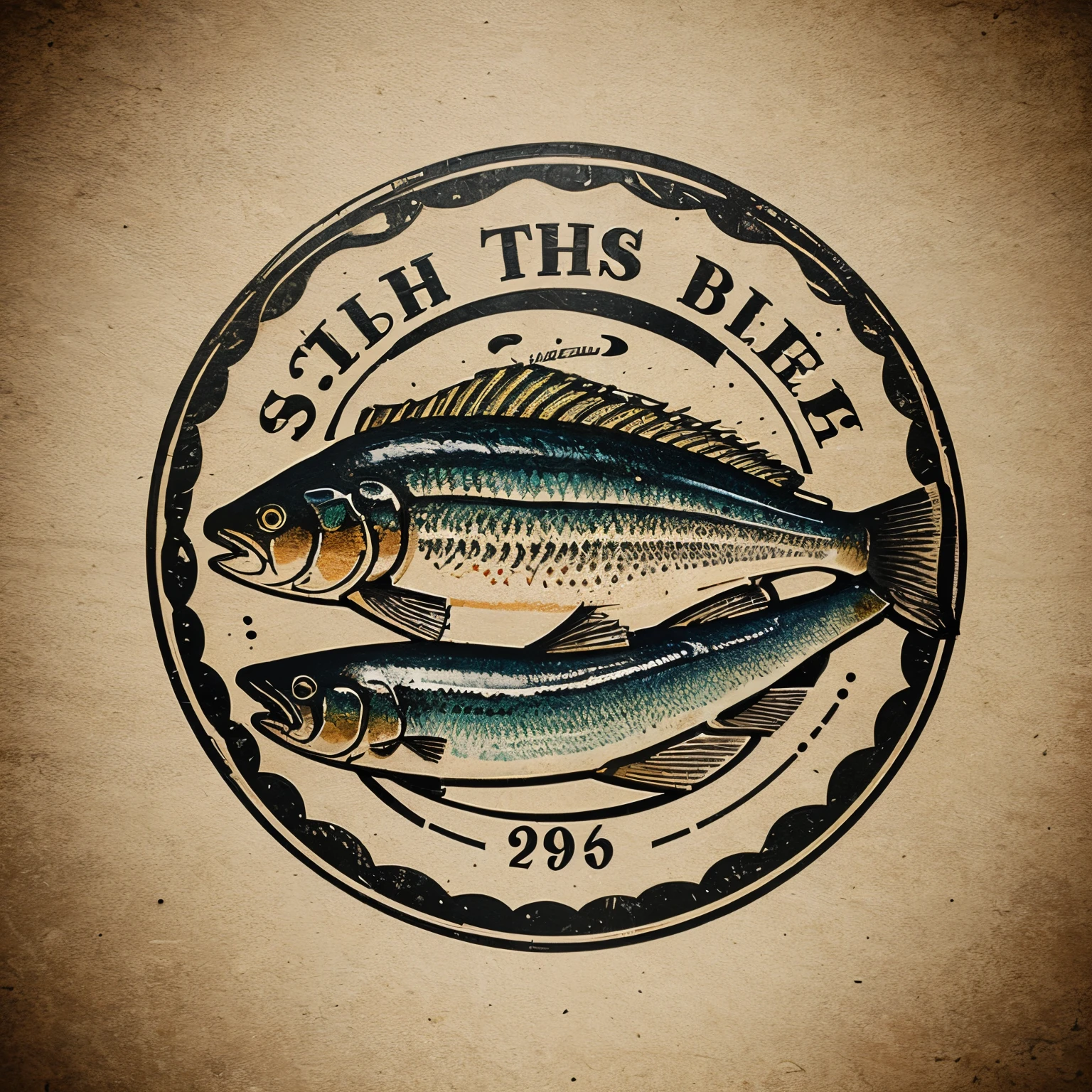 create a logo that designed an old style with fish and has a name on of" Mackhenlees' Spanish Sardines" circle shape