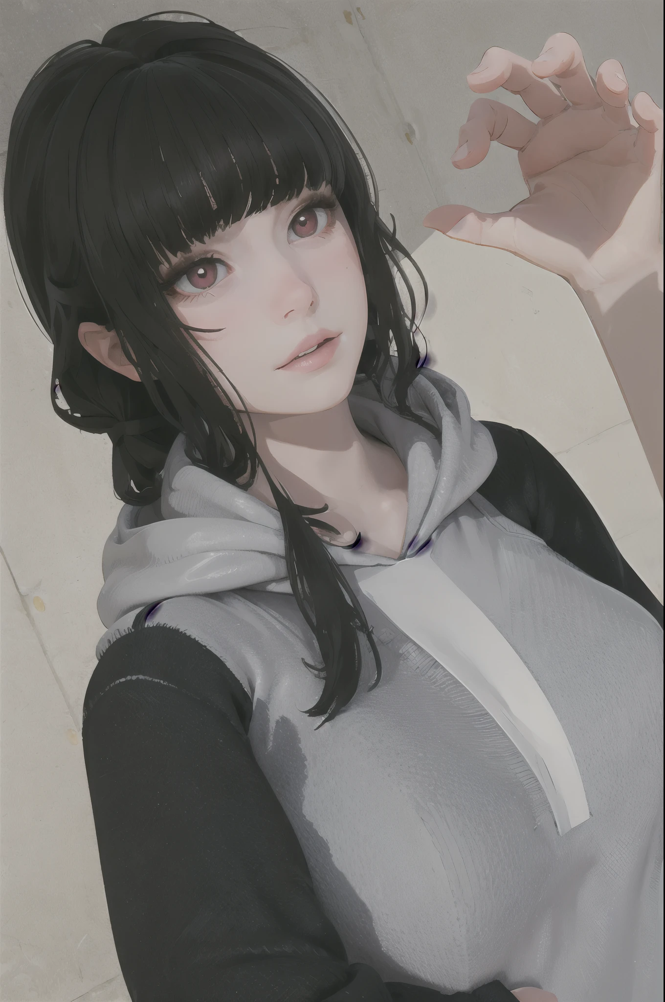 masterpiece, highly detailed, best quality, 1girl, solo, Luna, tucked black hair, red eyes, blunt bangs, hoodie, small breasts